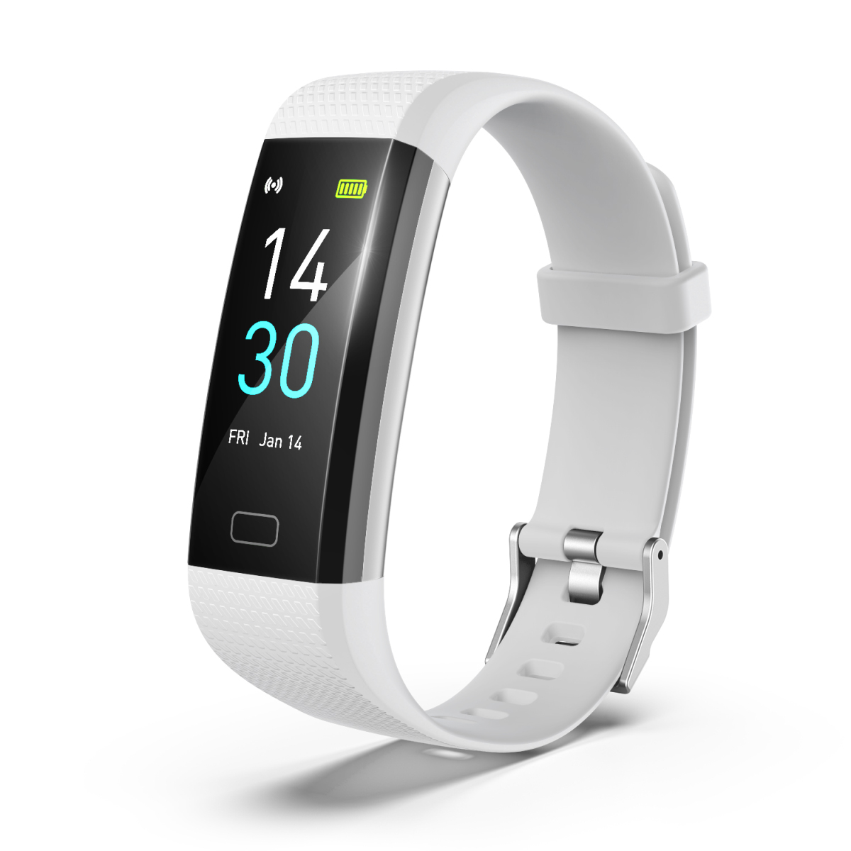 Weiße Fitnessuhr mit Zeit, Datum und Akkulaufzeit auf schwarzem Bildschirm. Weißes Armband.