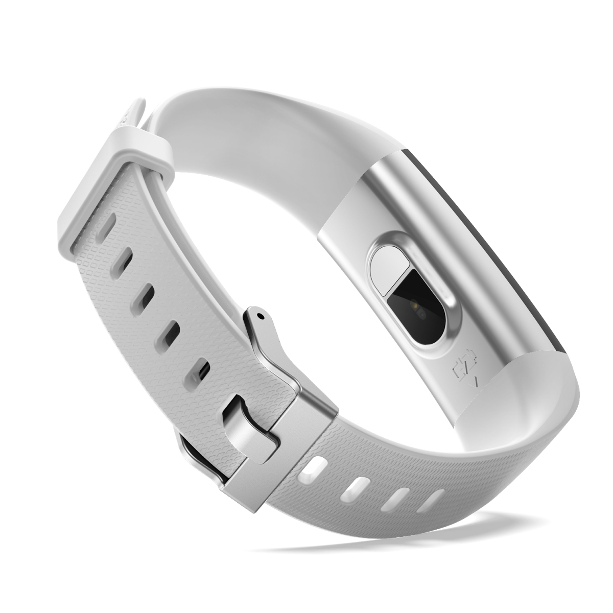 Ein weißer und silberner Fitness-Tracker mit weißem Armband und silberner Schnalle.