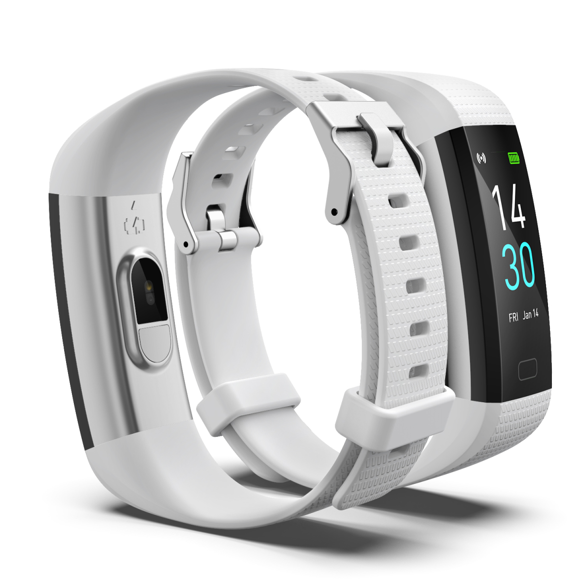 Zwei weiße Smartwatches nebeneinander, mit weißen Armbändern und schwarzen Bildschirmen.