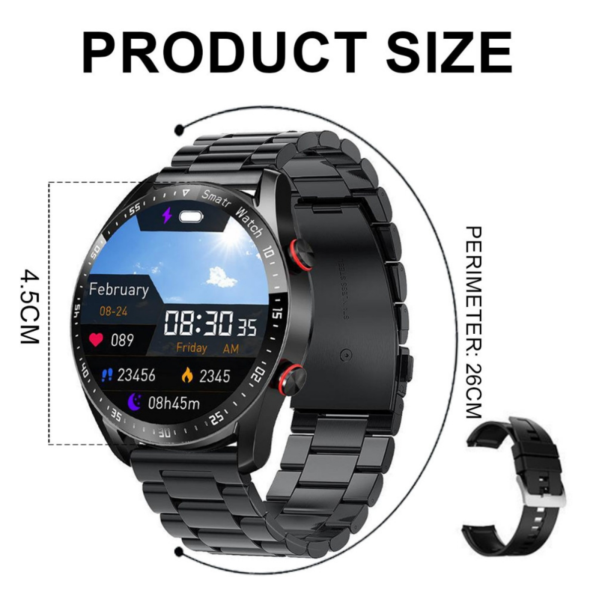 Schwarze Smartwatch mit schwarzem Metallarmband; Produktgröße und Funktionen sichtbar.