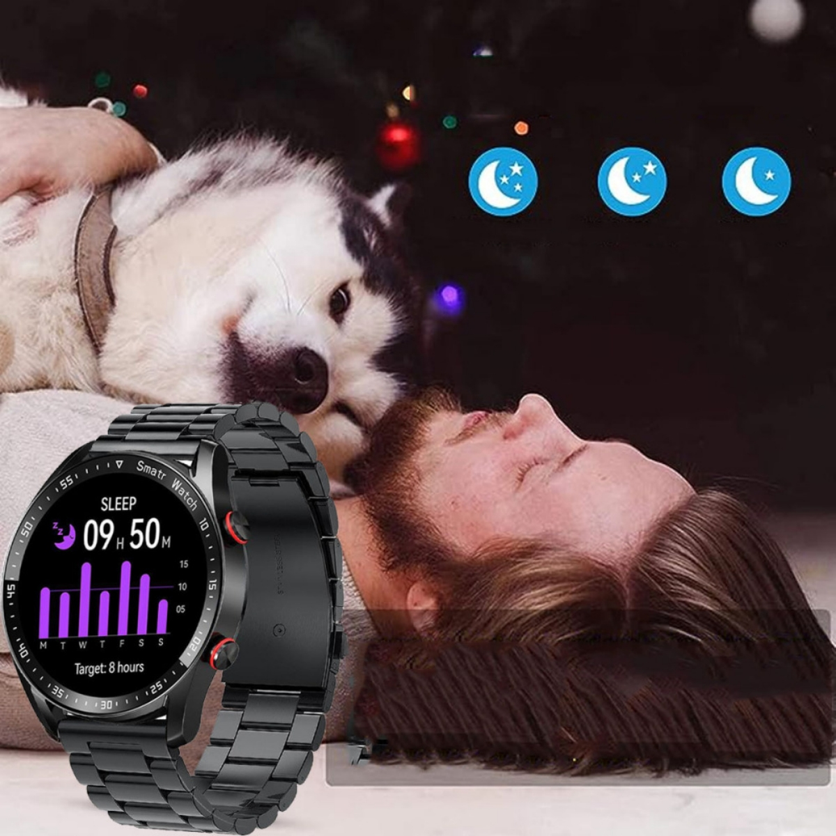 Ein Mann schläft neben einem Hund und trägt eine Smartwatch mit Schlafdaten.