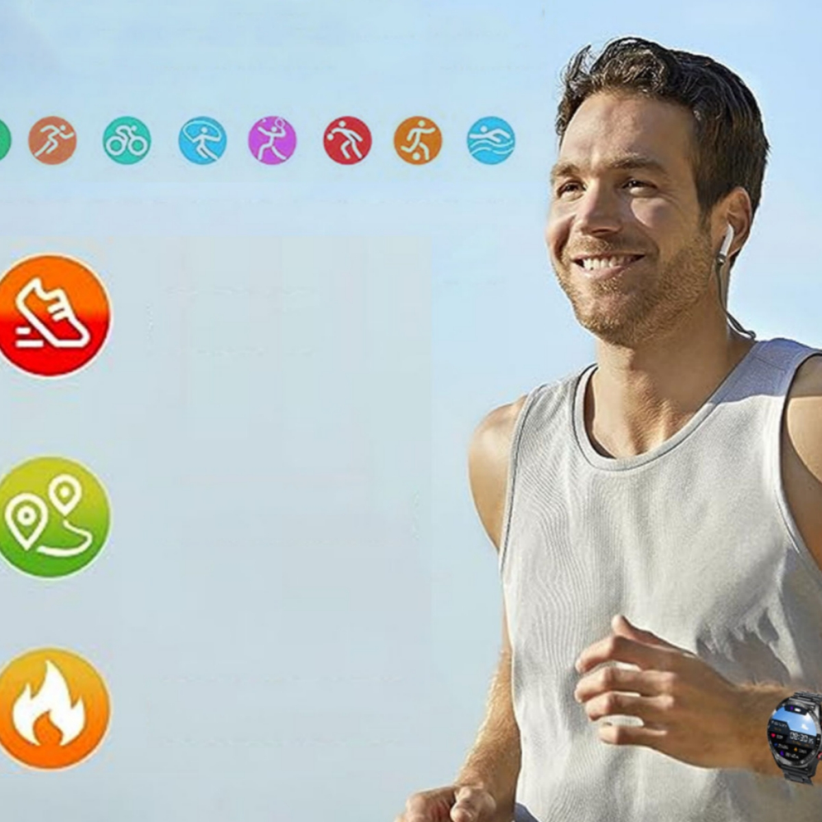 Mann beim Laufen mit Smartwatch, verschiedene Sport-Icons im Hintergrund.
