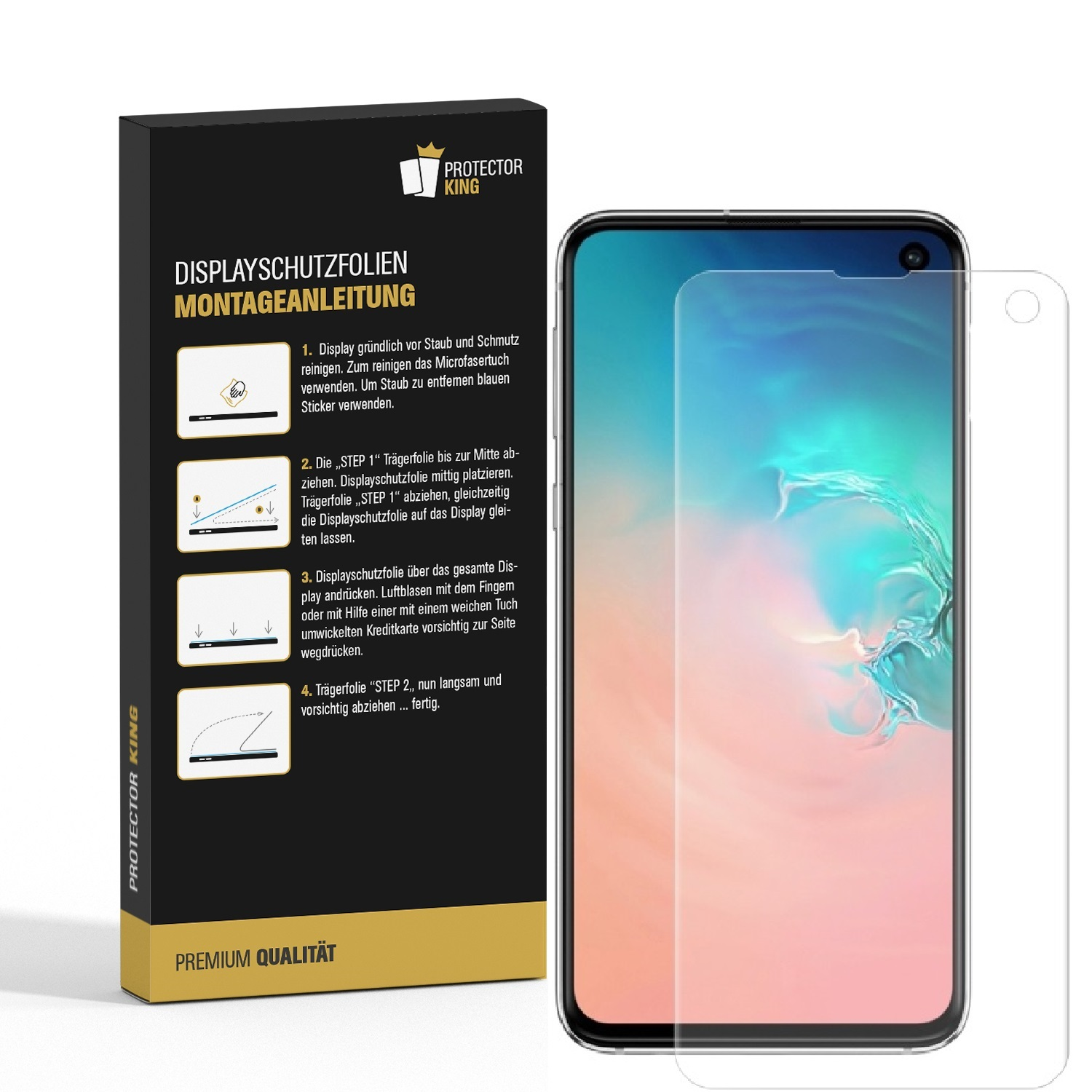 Ein Displayschutzfolien-Kit. Enthält Telefon, Schutzfolie und Anweisungen.