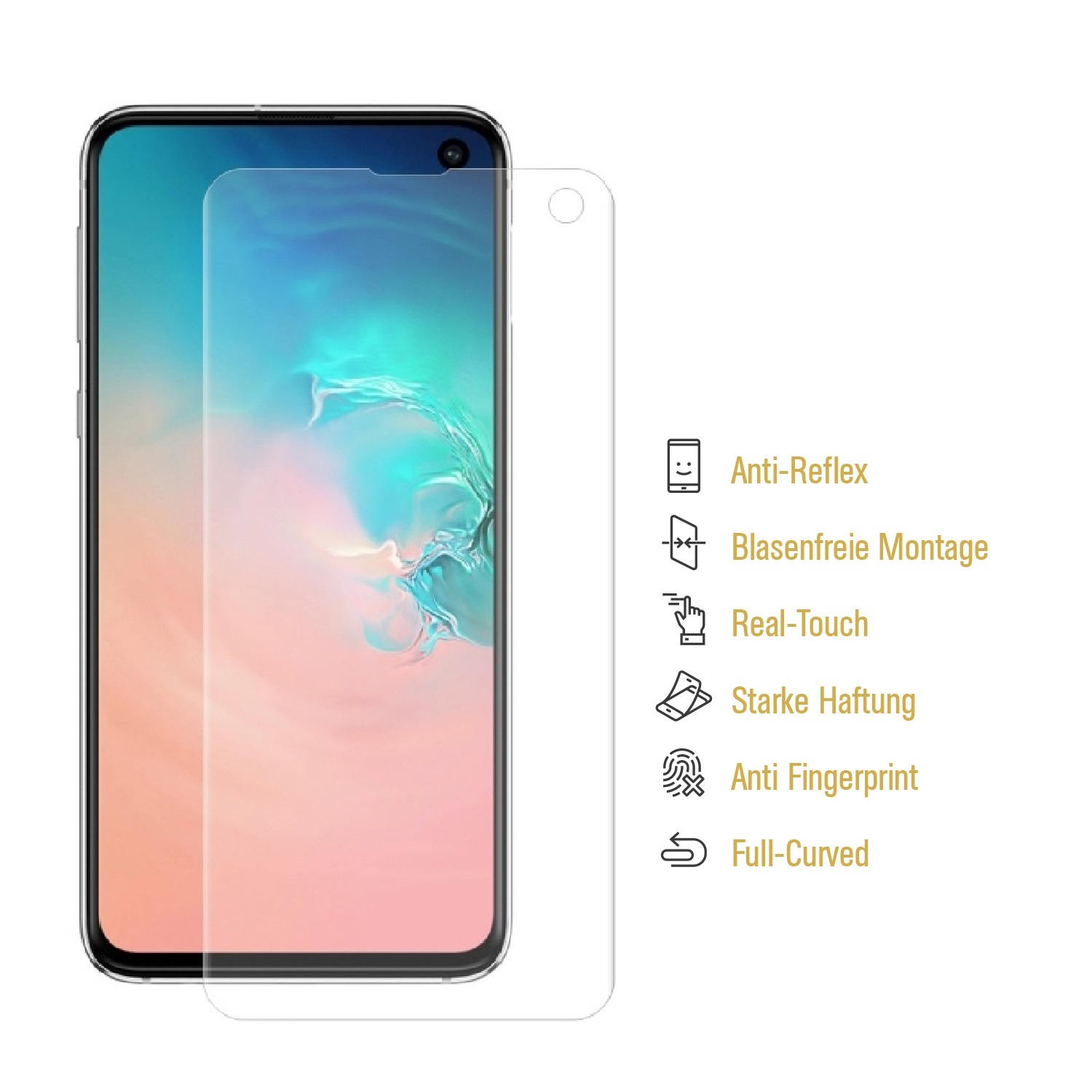 Ein Telefon mit Displayschutzfolie und Funktionssymbolen. Das Telefon ist schwarz.