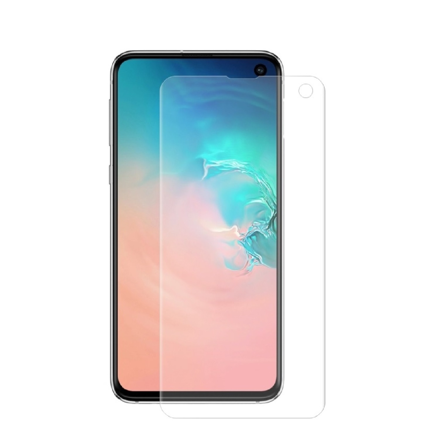 Smartphone mit aufgebrachter Displayschutzfolie, klar und transparent, auf weißem Hintergrund.