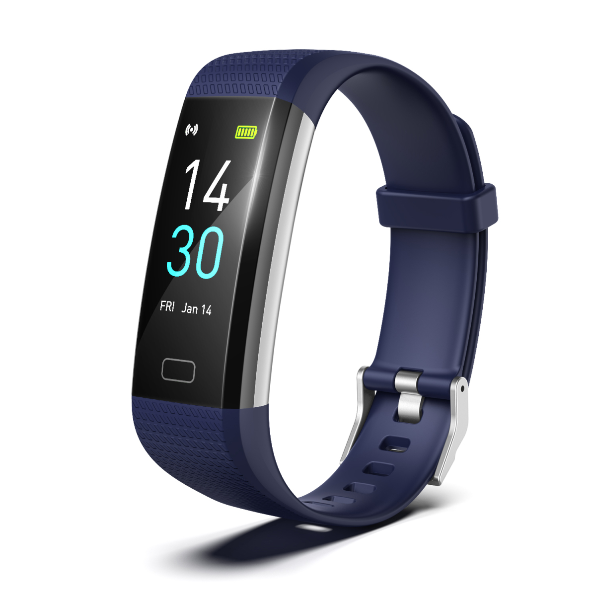 Ein blauer Fitnesstracker mit Uhrzeit und Akkuanzeige. Er hat ein blaues Armband und eine silberne Schnalle.