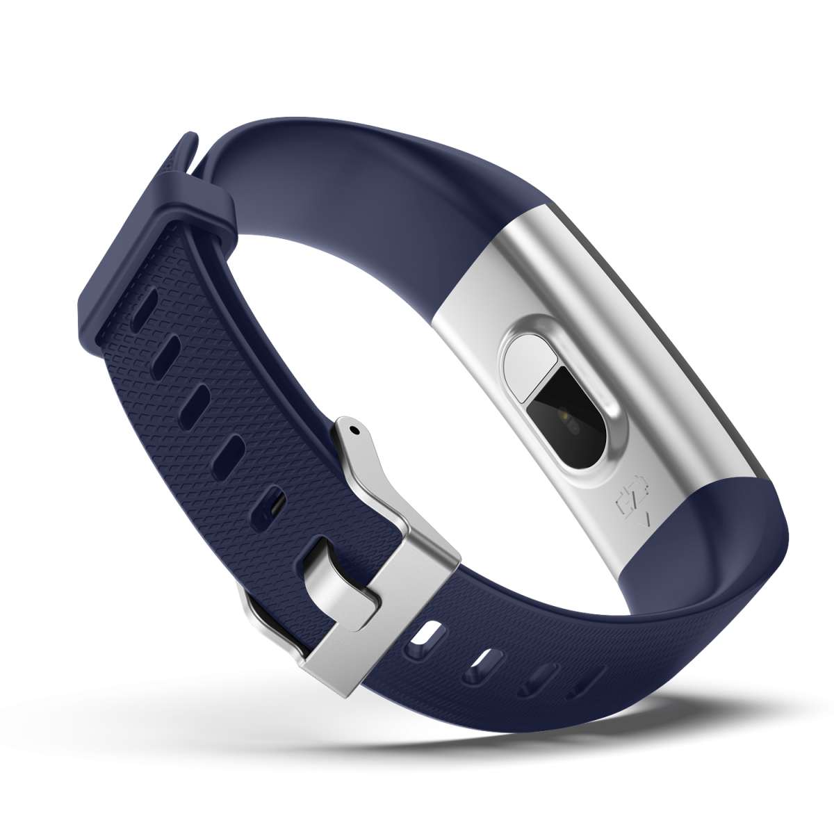 Blauer Fitnesstracker, silberne Mitte. Dunkelblaues Armband, Schnalle.