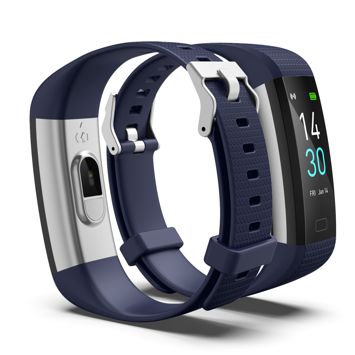 Eine Smartwatch mit blauem Armband. Die Uhr zeigt die Uhrzeit und das Datum an.