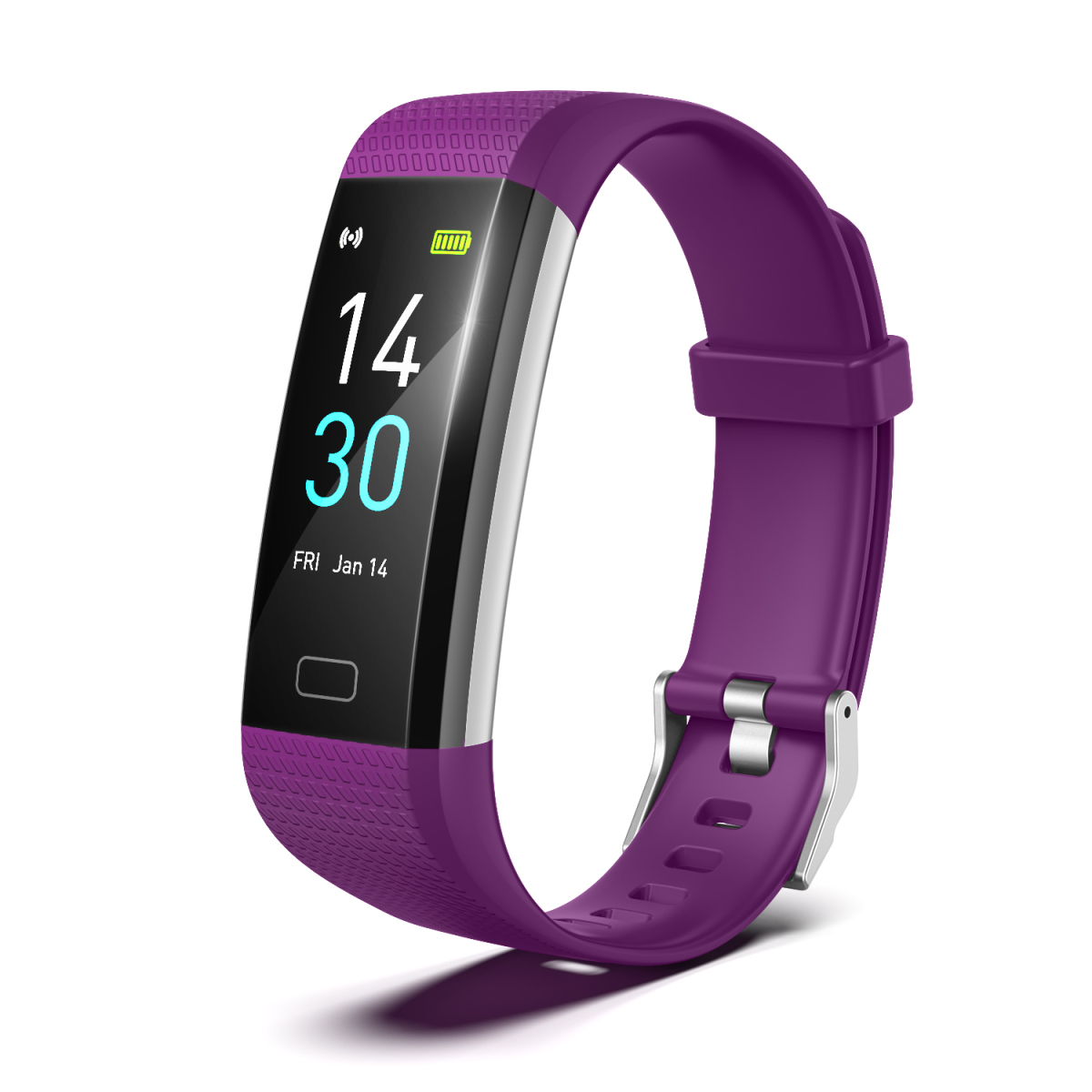 Ein lila Fitness-Tracker zeigt Uhrzeit, Datum und Akkulaufzeit an. Er befindet sich auf weißem Hintergrund.