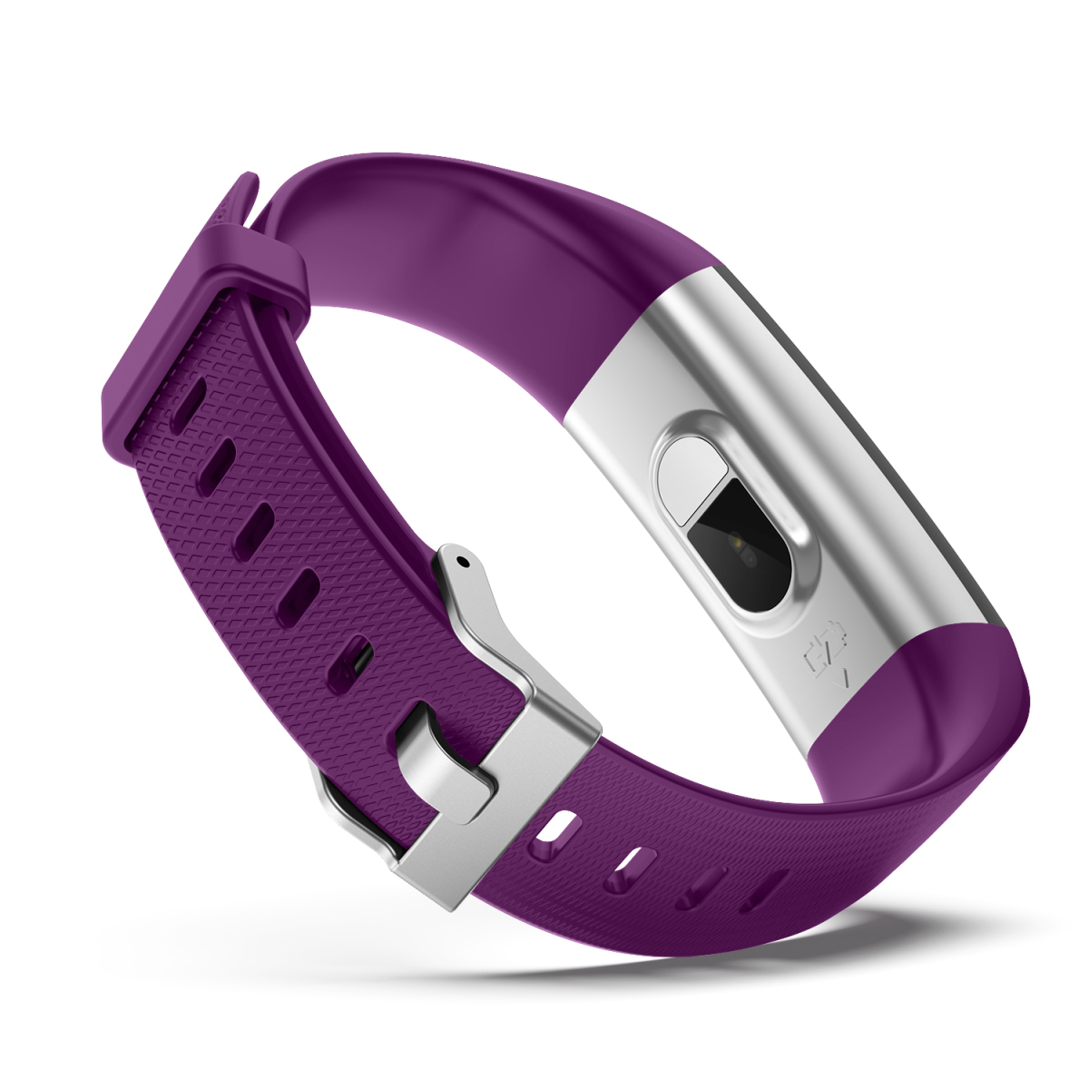 Lila Fitness-Tracker mit silbernen Akzenten und einer Schnalle. Er ist auf weißem Hintergrund angewinkelt.