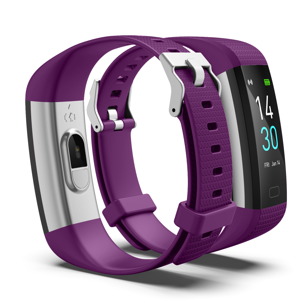 Eine lila Smartwatch mit Armband auf weißem Hintergrund.