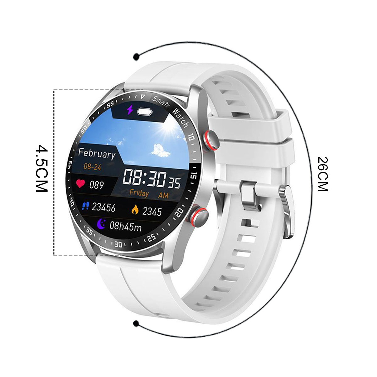 Weiße Smartwatch mit weißem Armband. Die Uhr zeigt Datum, Uhrzeit, Schritte und Herzfrequenz an.