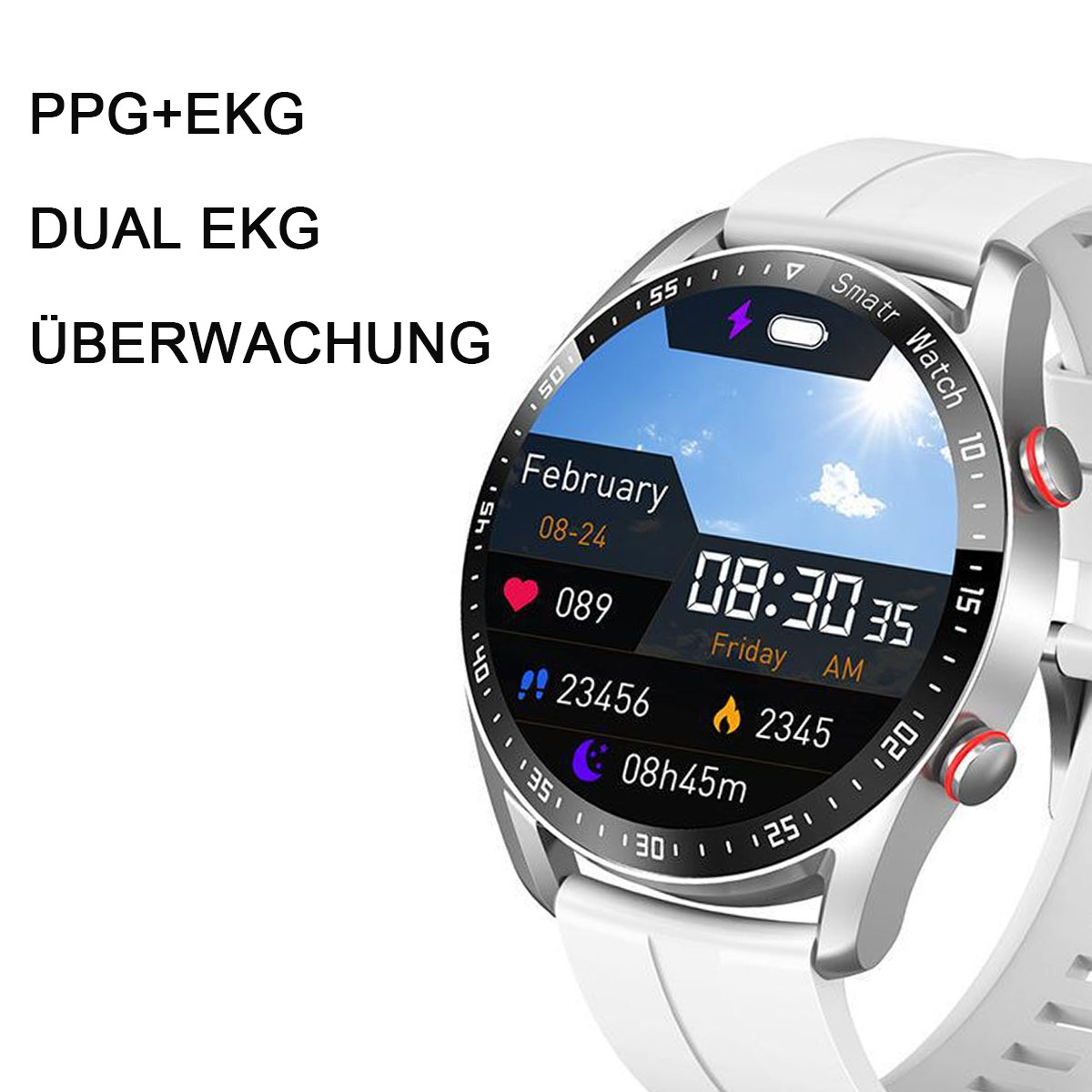Smartwatch mit weißem Armband. Anzeige zeigt Datum, Uhrzeit, Herzfrequenz und Gesundheitsdaten.