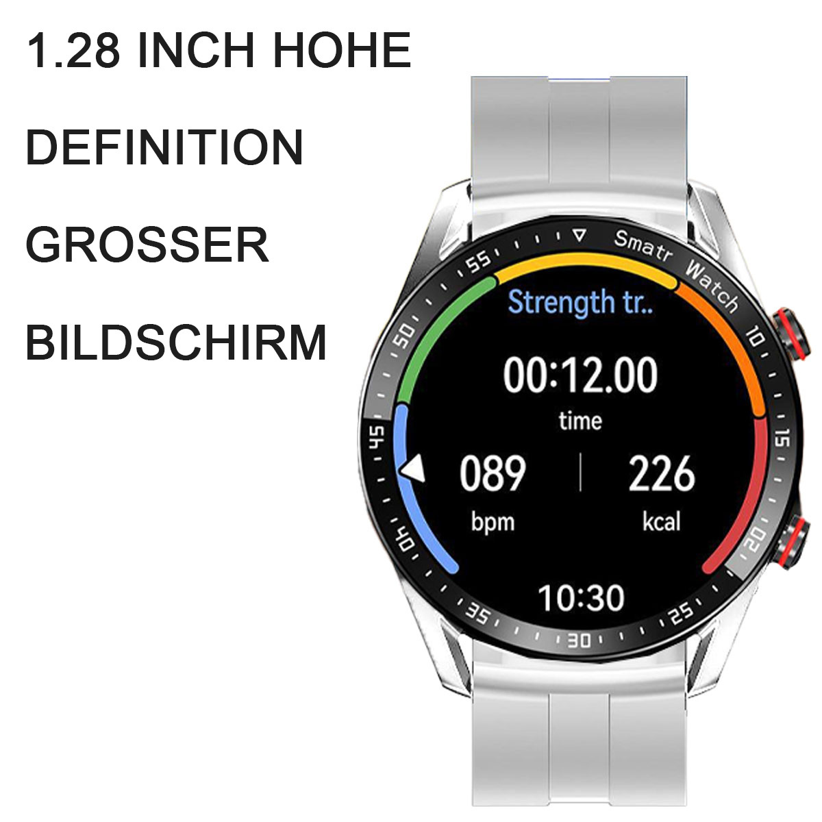 Smartwatch zeigt Zeit, Herzfrequenz und Kalorienverbrauch an, mit weißem Armband. Text: 1,28 Zoll Bildschirm.
