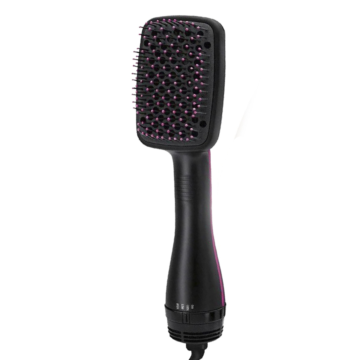 Cepillo secador de pelo negro y morado. Cuenta con un cabezal de cepillo.