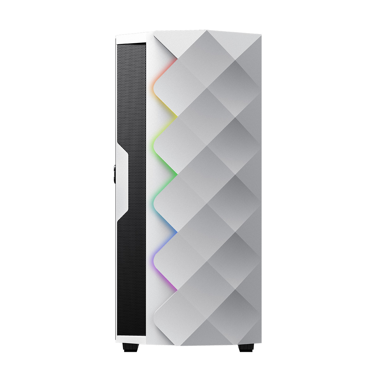Weißes Computergehäuse mit geometrischem Design. Die Front zeigt ein Mesh und Farblicht.