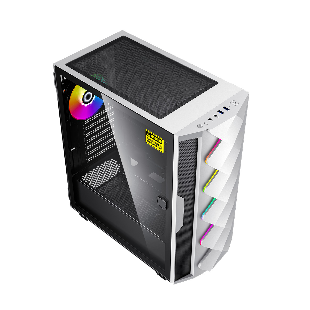 Weißes PC-Gehäuse mit Glas-Seitenwand, Regenbogenlichtern und schwarzem Innenraum. Warnaufkleber sichtbar.
