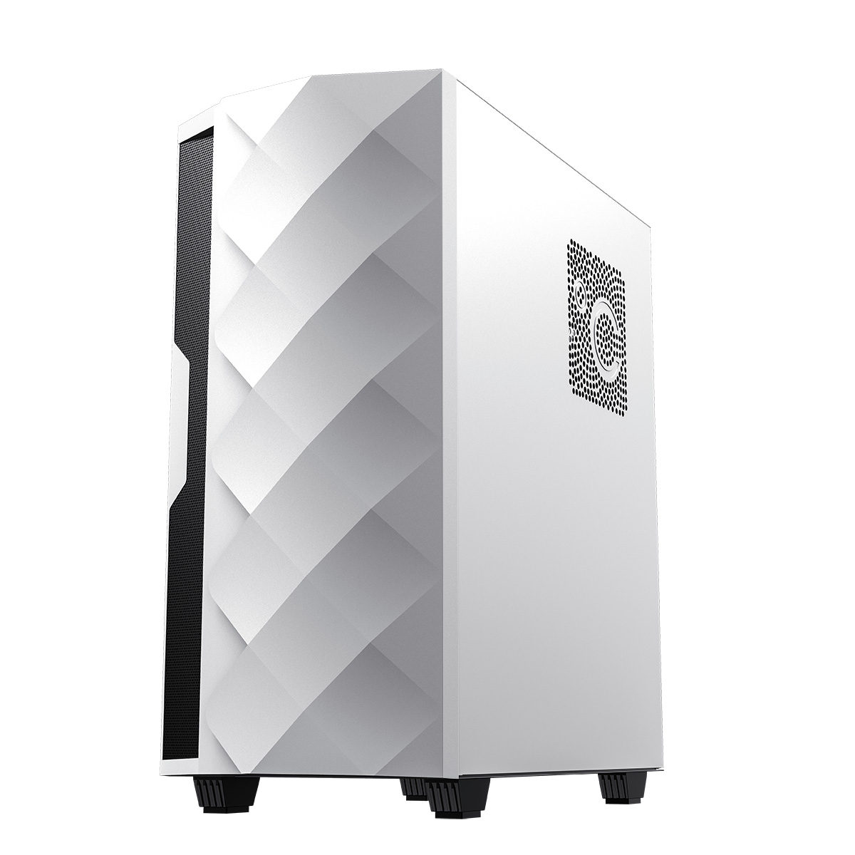 Weißes Computergehäuse mit geometrischem Design an der Seite. Ein Lüfter ist vorne sichtbar.