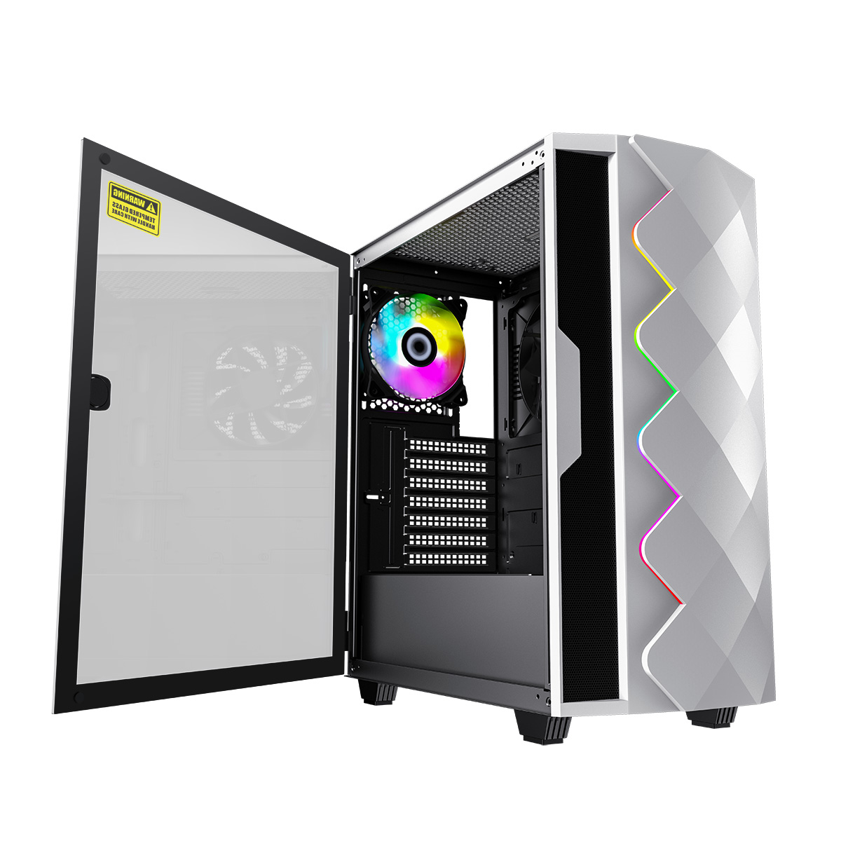 Ein Computergehäuse mit offener Glastür, die interne Komponenten mit RGB-Beleuchtung zeigt.