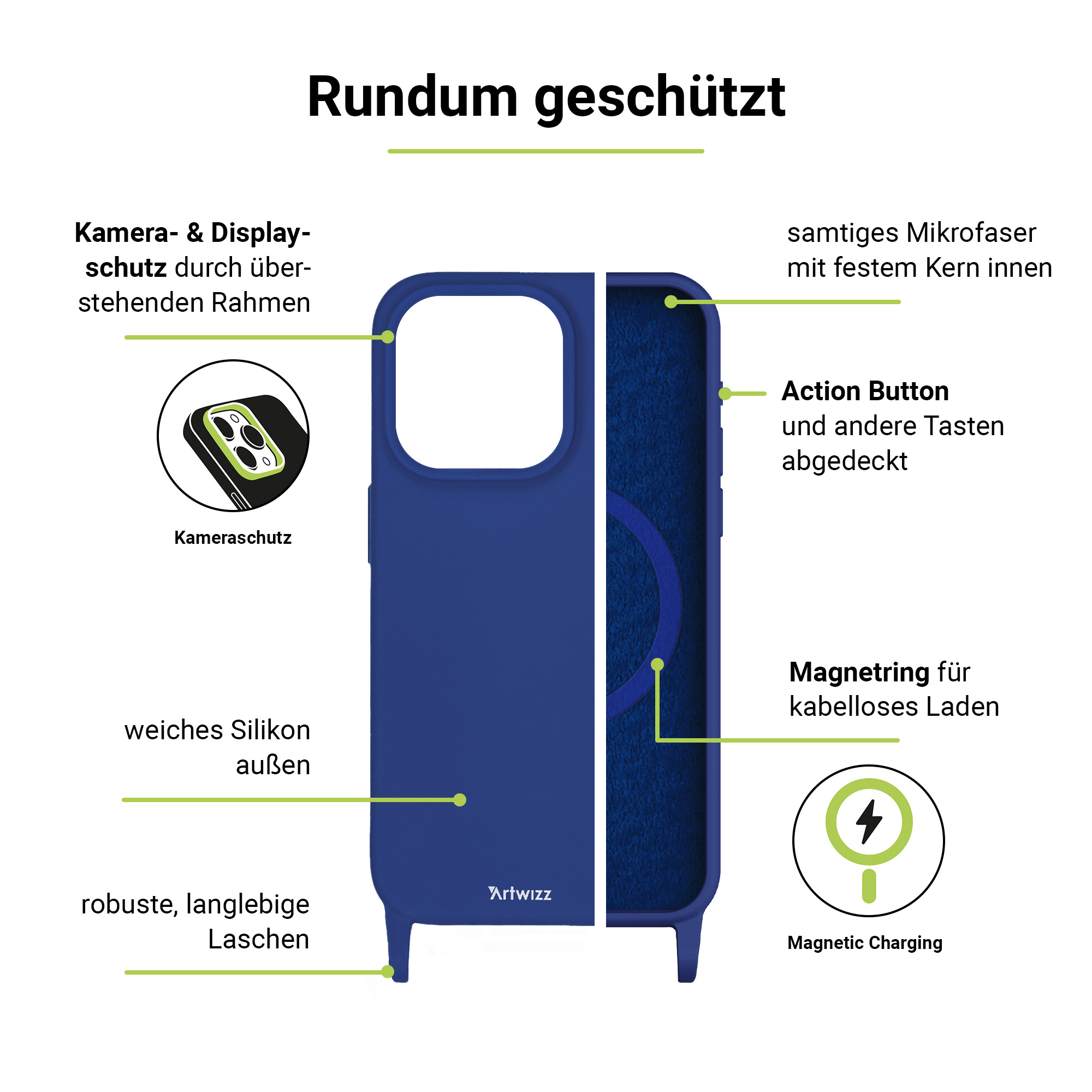 ARTWIZZ HangOn Case Silicone +CHARGE, 15 Apple, Umhängetasche, Blau Pro, iPhone