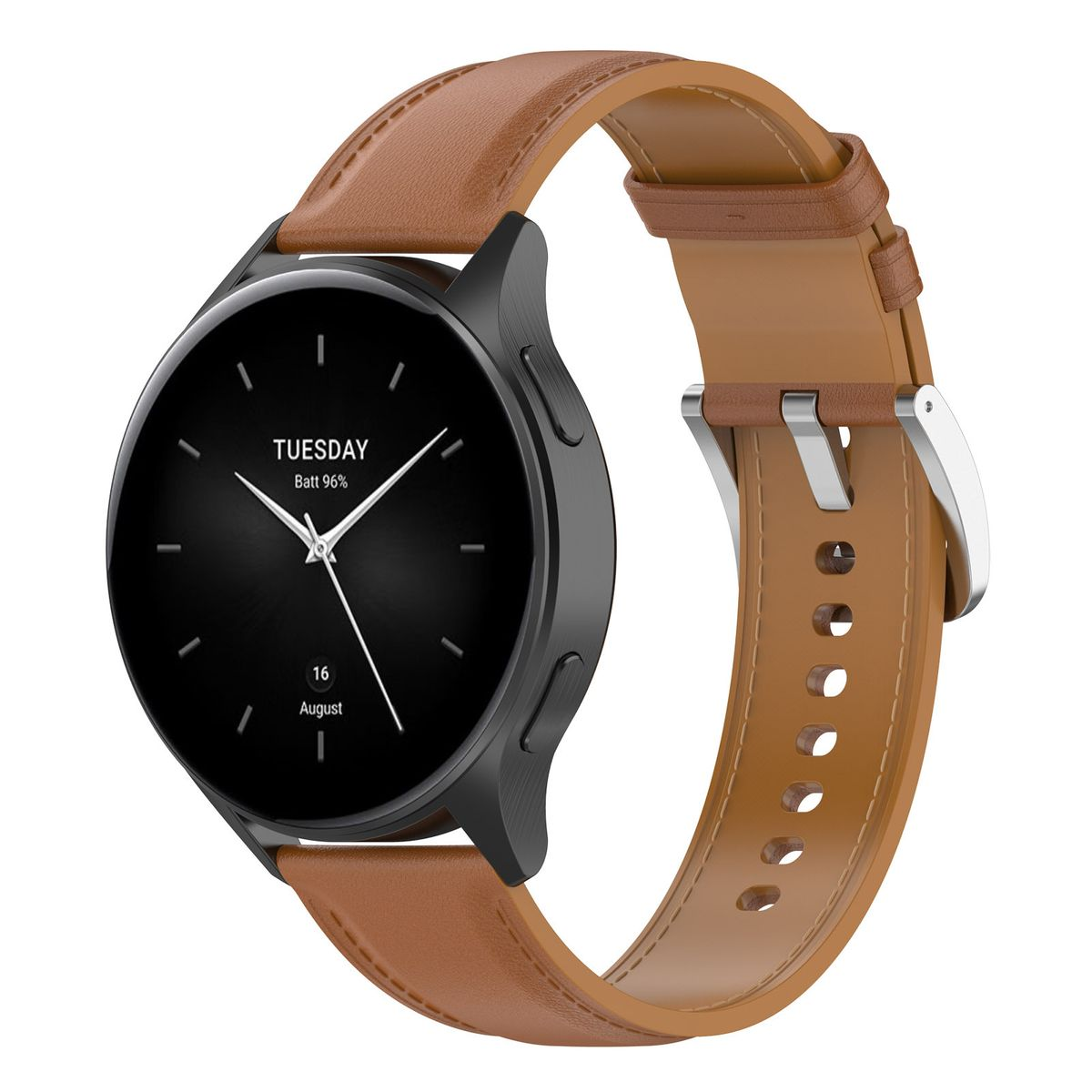 Eine schwarze Smartwatch mit braunem Lederarmband. Das Zifferblatt zeigt Zeit und Datum.