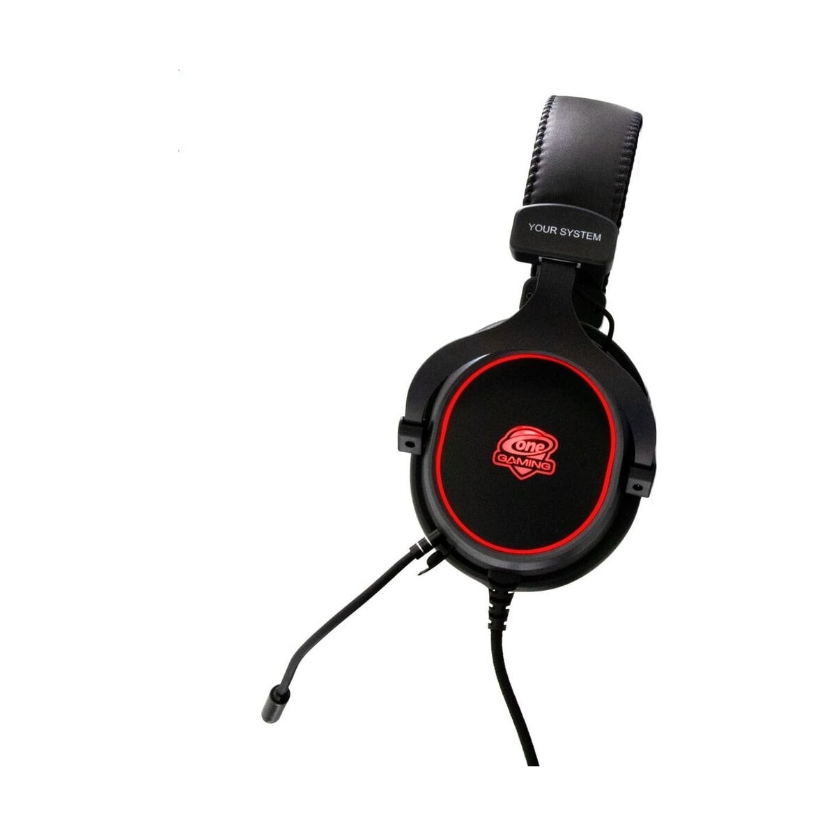 Ein schwarzes Gaming-Headset mit roten Akzenten auf weißem Hintergrund.