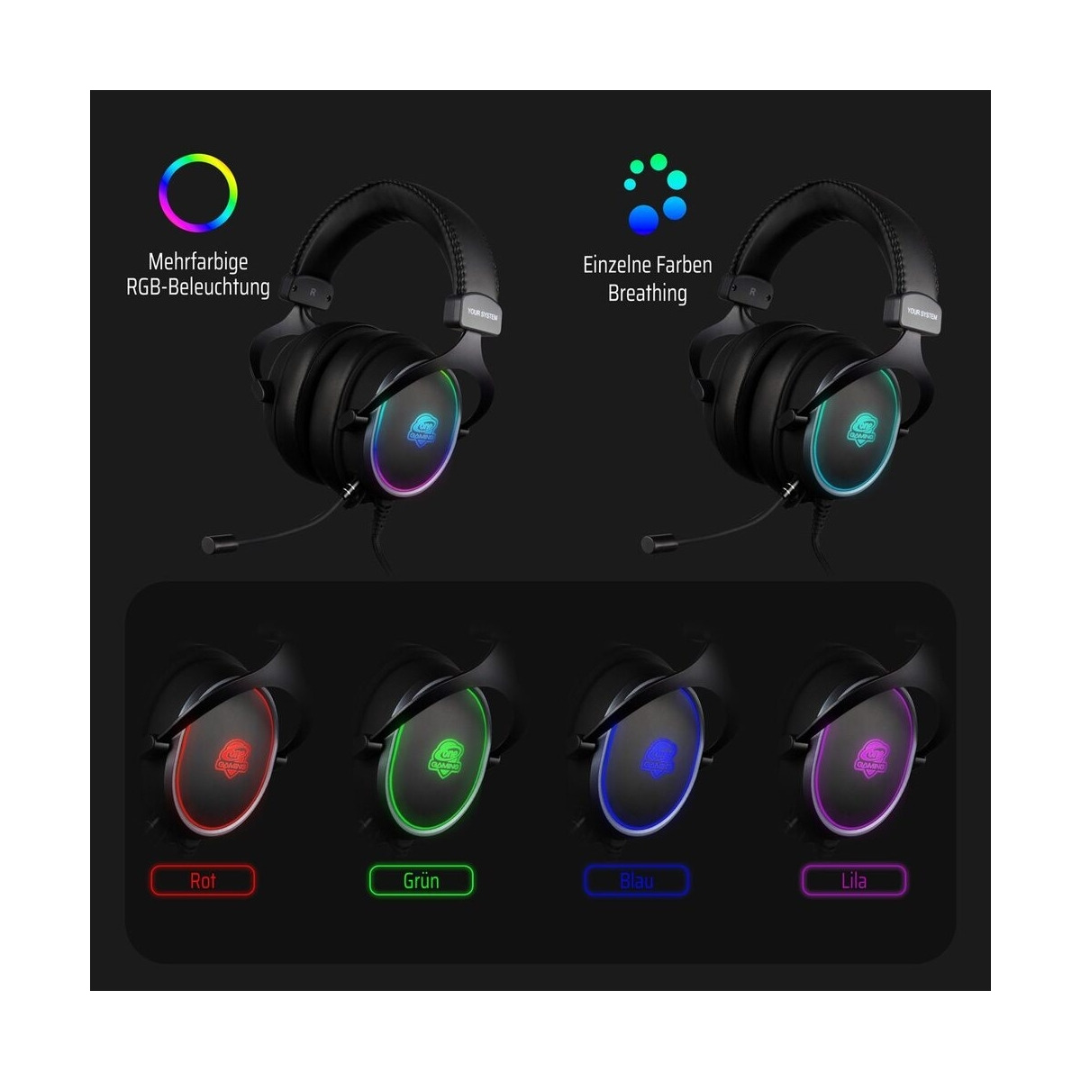 Kopfhörer mit RGB-Beleuchtung. Mehrere Farboptionen werden angezeigt.