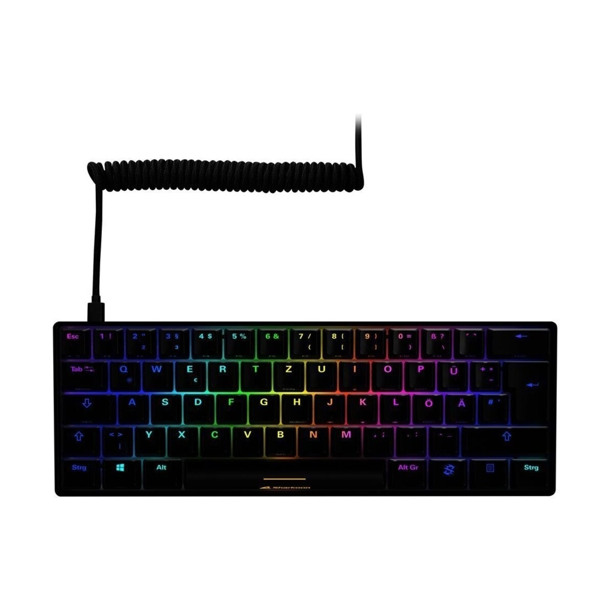 Czarna, kompaktowa klawiatura z tęczowymi klawiszami i kablem spiralnym.