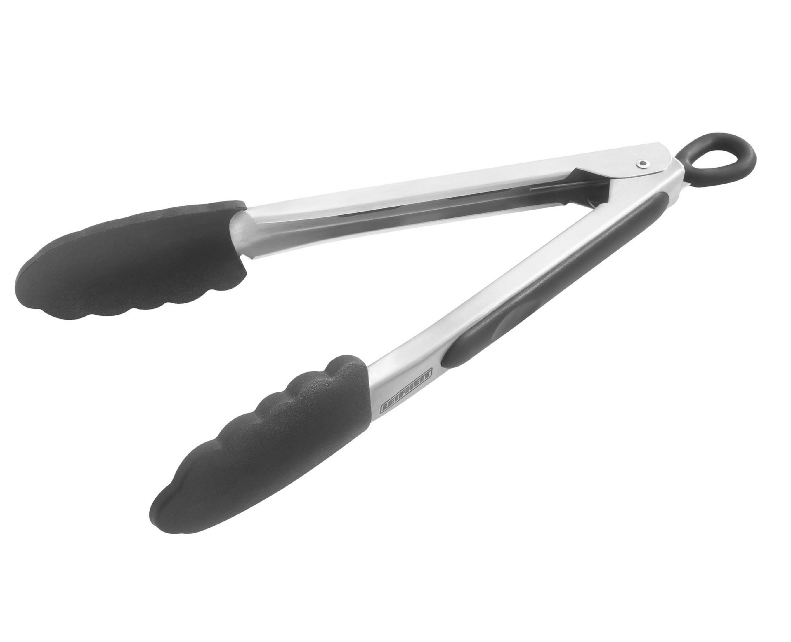 Pinze in acciaio inossidabile e silicone nero, aperte su sfondo bianco.