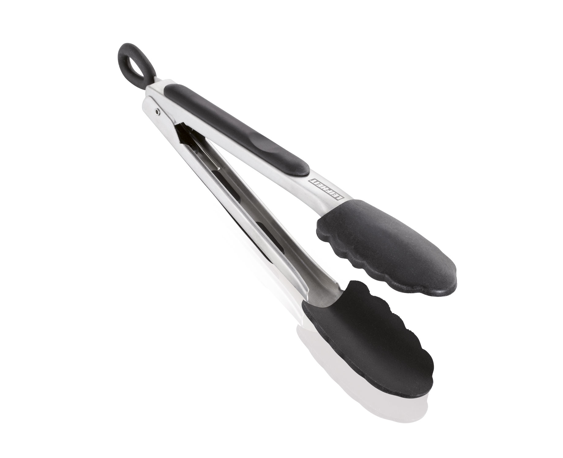 Pinze argentate e nere con punte in silicone nero, angolate su sfondo bianco.