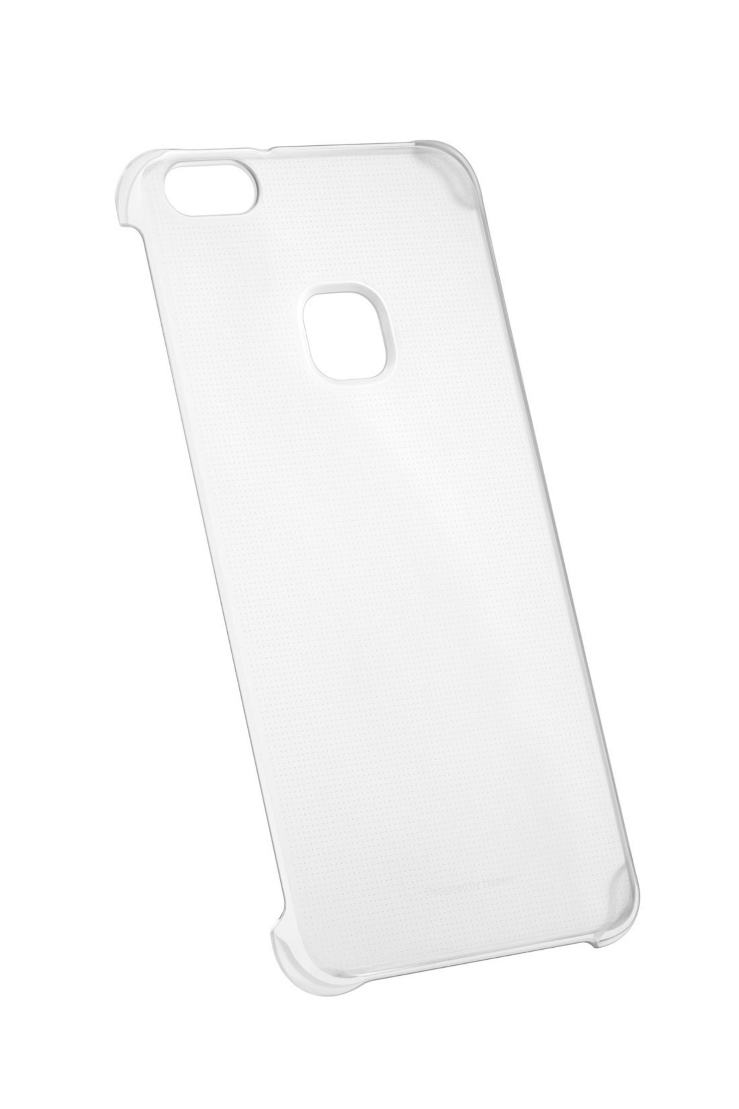 Custodia trasparente per telefono con foro per fotocamera, isolata su bianco. Design perforato.