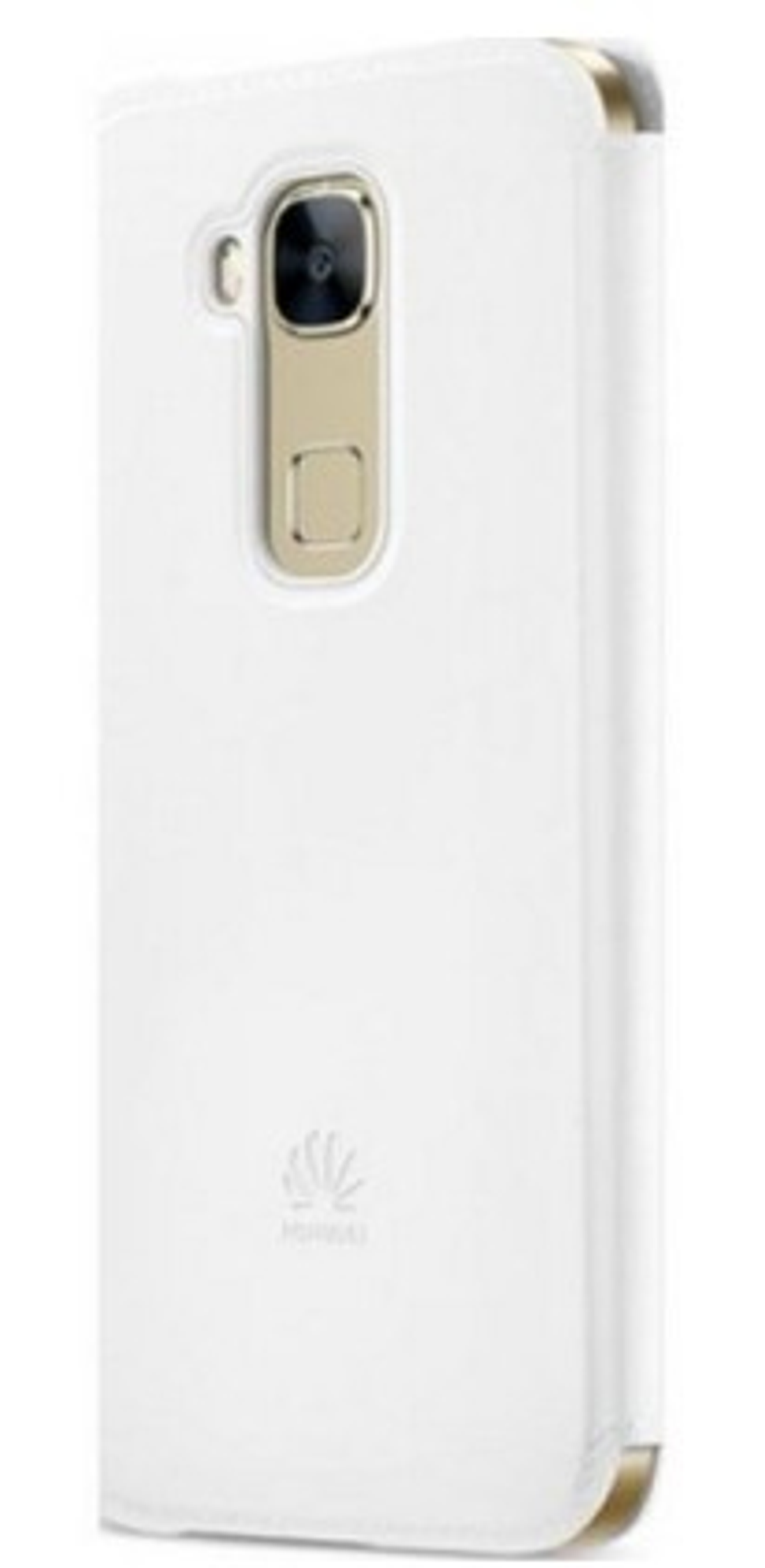 Custodia bianca per telefono con dettagli dorati. Presenta un'apertura per la fotocamera e un logo. È chiusa.