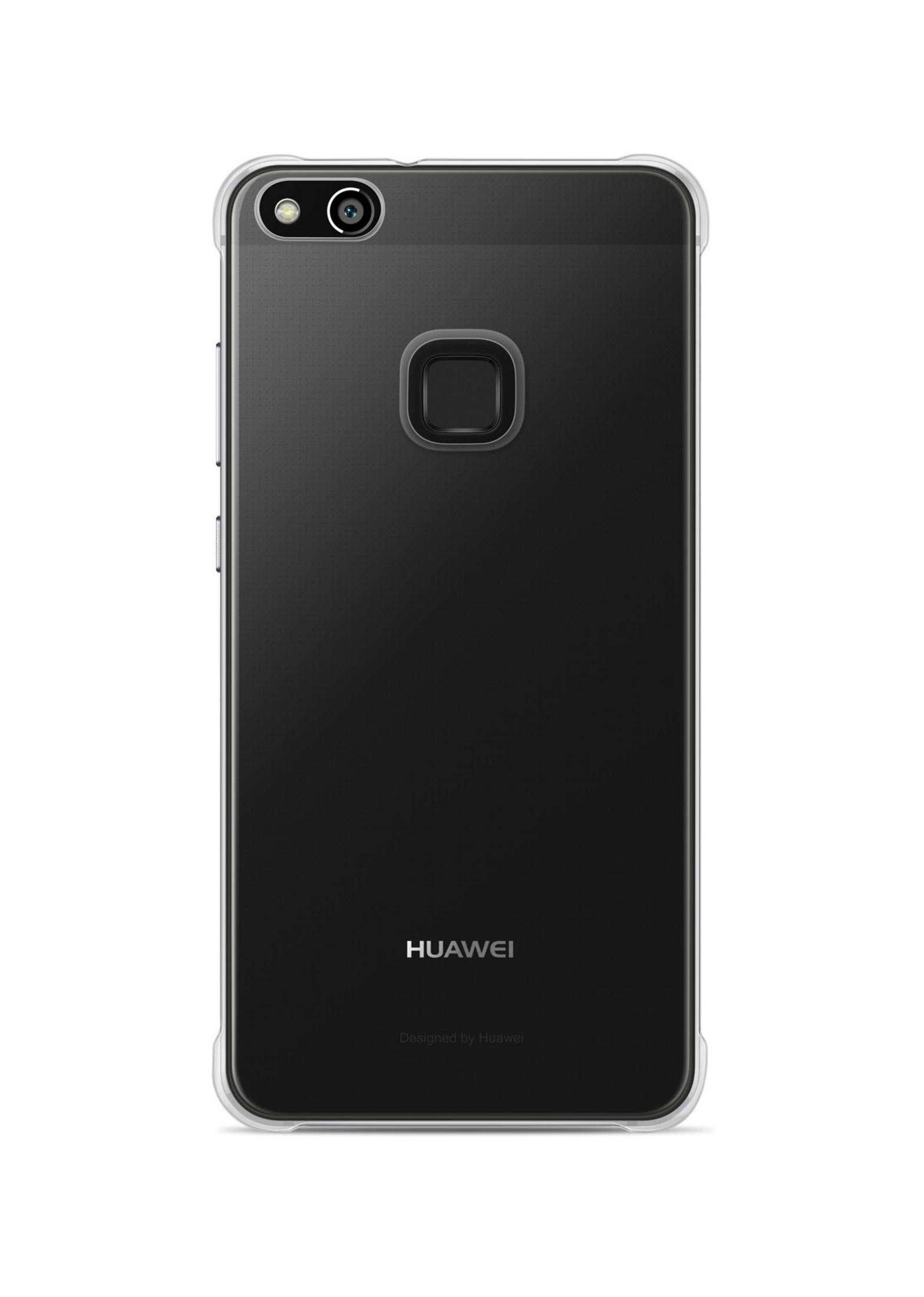 Telefono Huawei nero in una custodia trasparente, vista posteriore. Logo Huawei centrato.