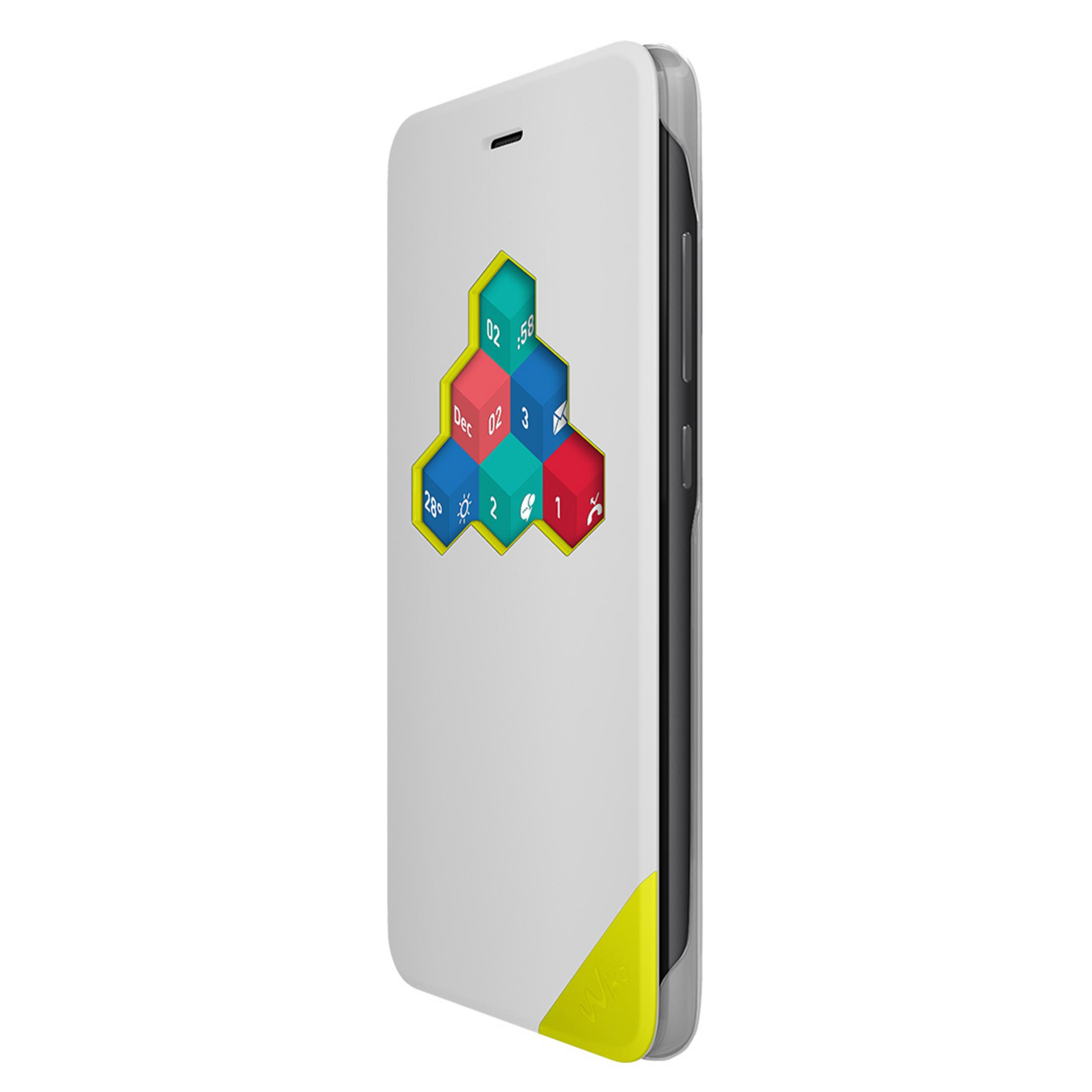 Una custodia per telefono con un design geometrico e un accento giallo.