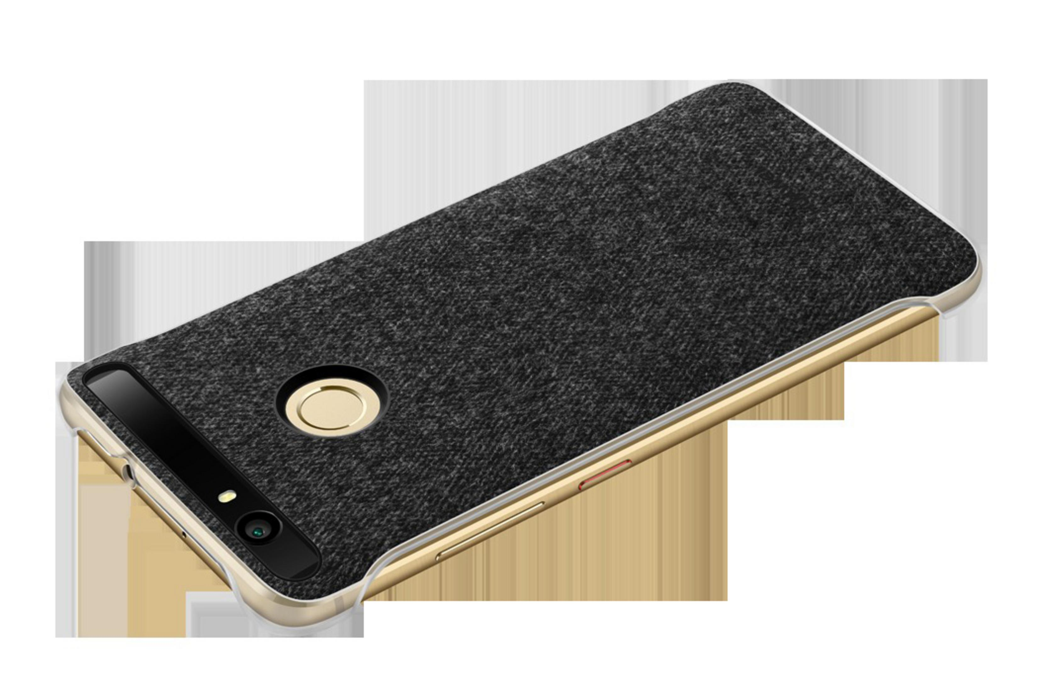 Dunkelgraue Handyhülle mit goldenem Rahmen. Die Hülle ist strukturiert und hat einen goldenen Fingerabdrucksensor.