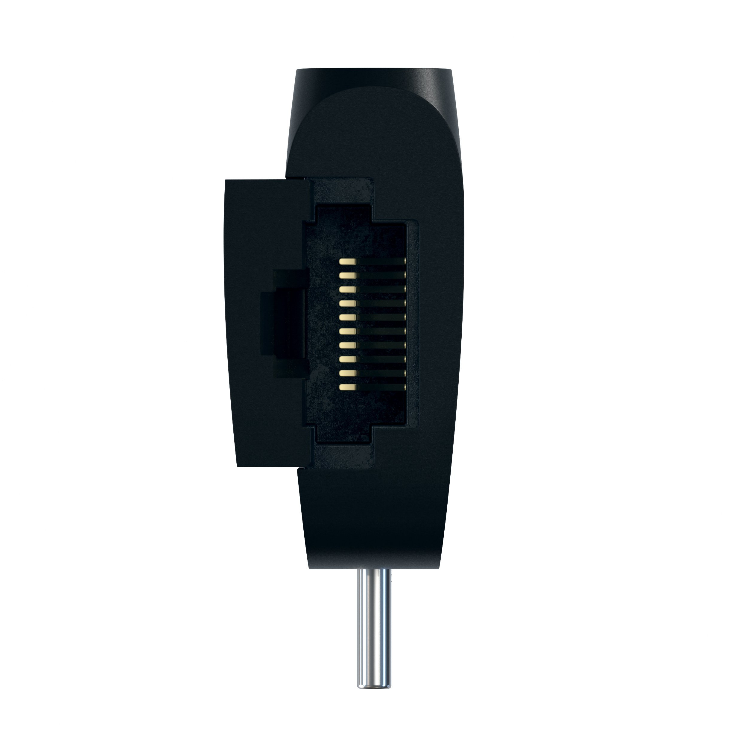 A black connector with pins for an Ethernet cable, against a white background.