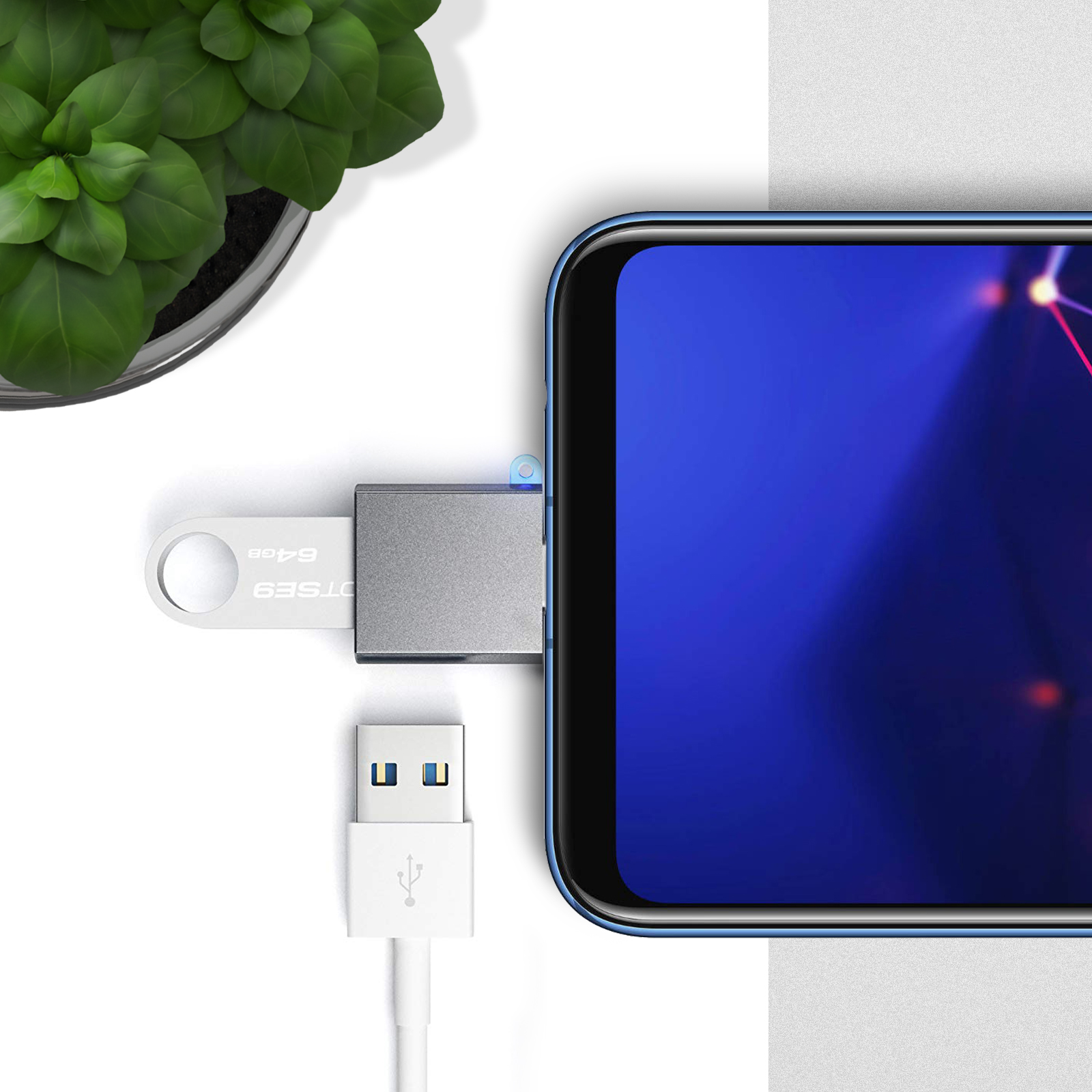 Srebrny pendrive jest podłączony do telefonu. Widoczny jest również biały kabel USB i roślina.