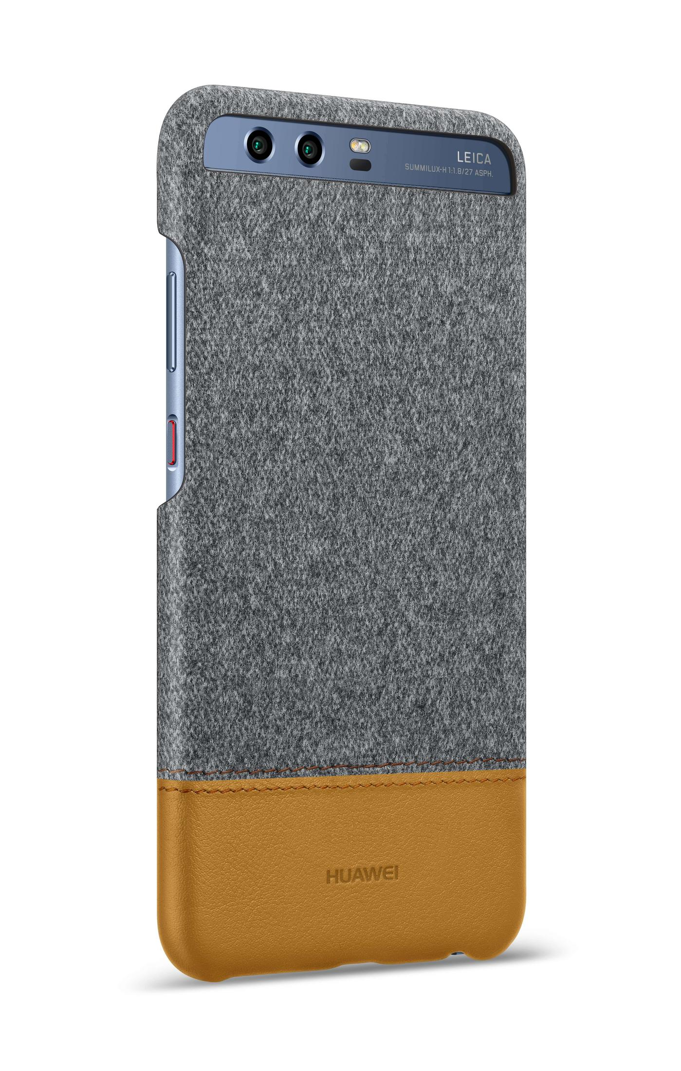 Handyhülle, grauer Filz und hellbraunes Leder. Huawei-Marke, mit Telefon innen.
