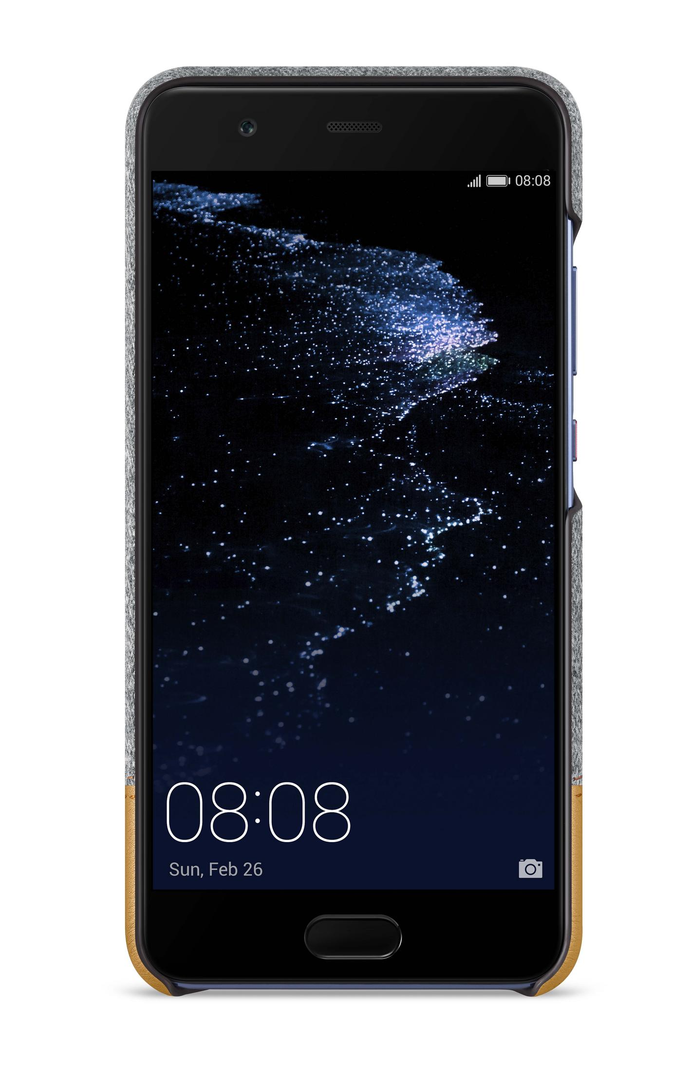 Schwarzes Telefon in einer Hülle. Das Telefon zeigt einen Sternennachthintergrund mit Uhrzeit und Datum.