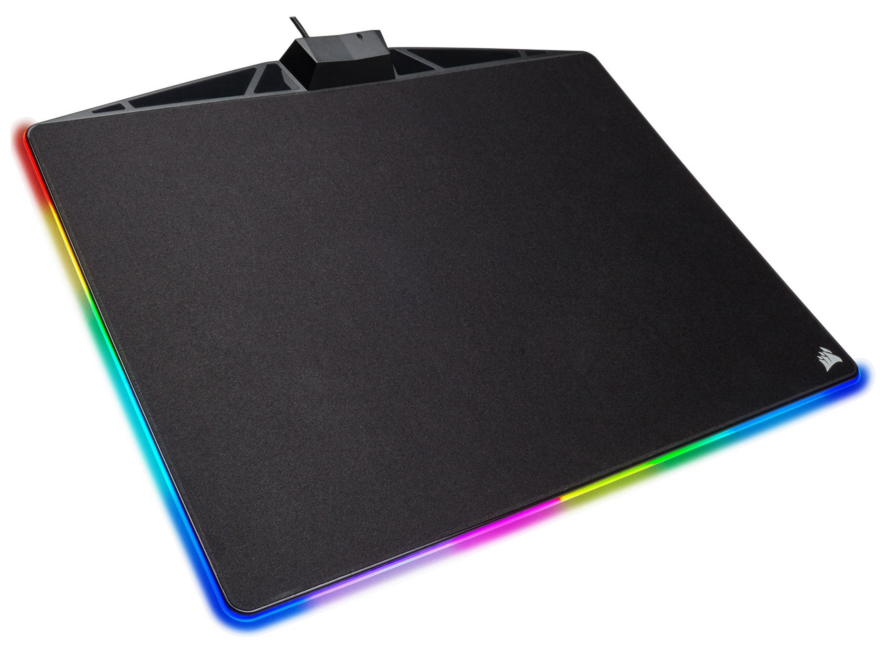 Ein schwarzes Gaming-Mauspad mit einem mehrfarbigen LED-Rand, weißer Hintergrund.