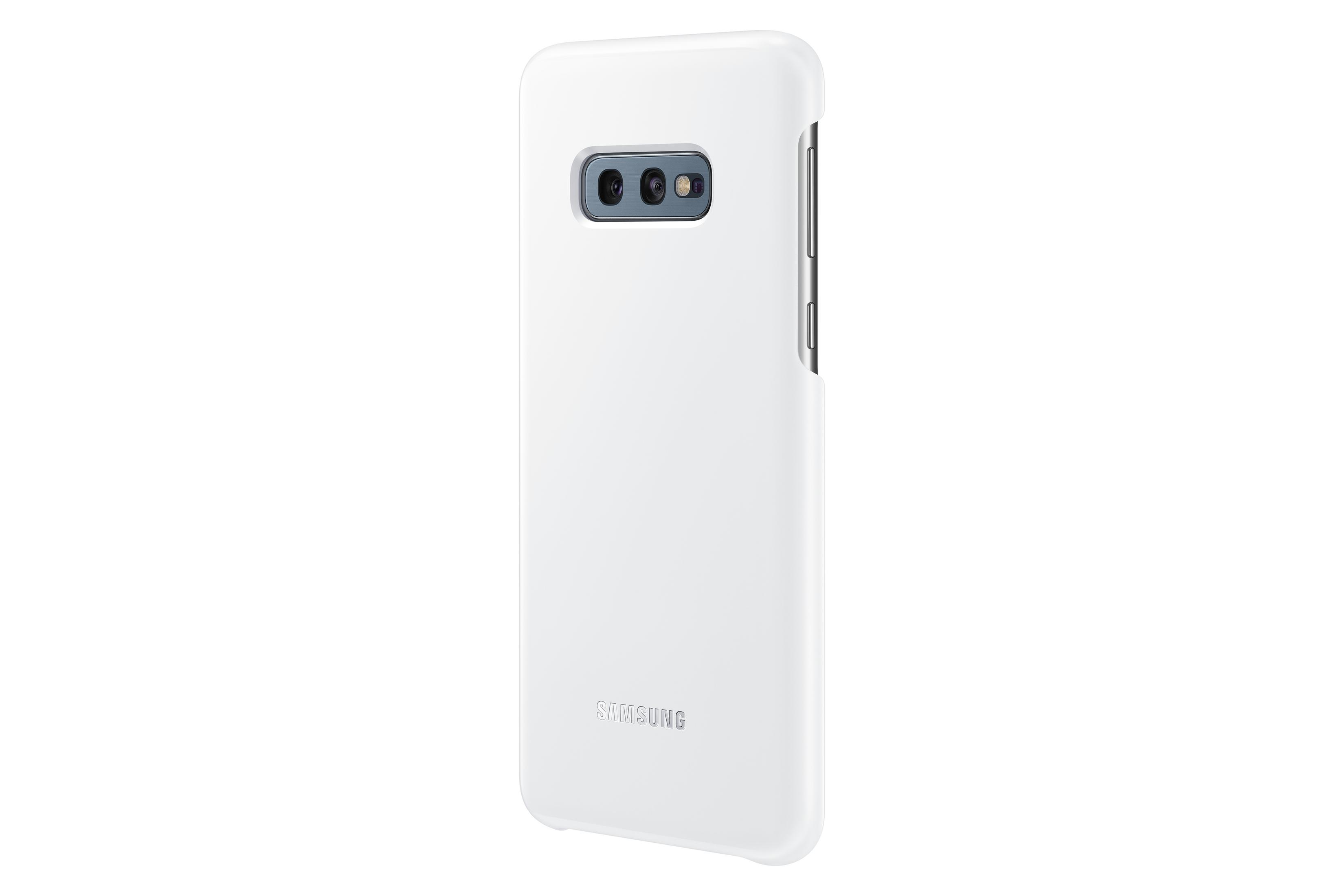 Funda blanca para teléfono, vista trasera. Recorte para cámara dual, logo Samsung.