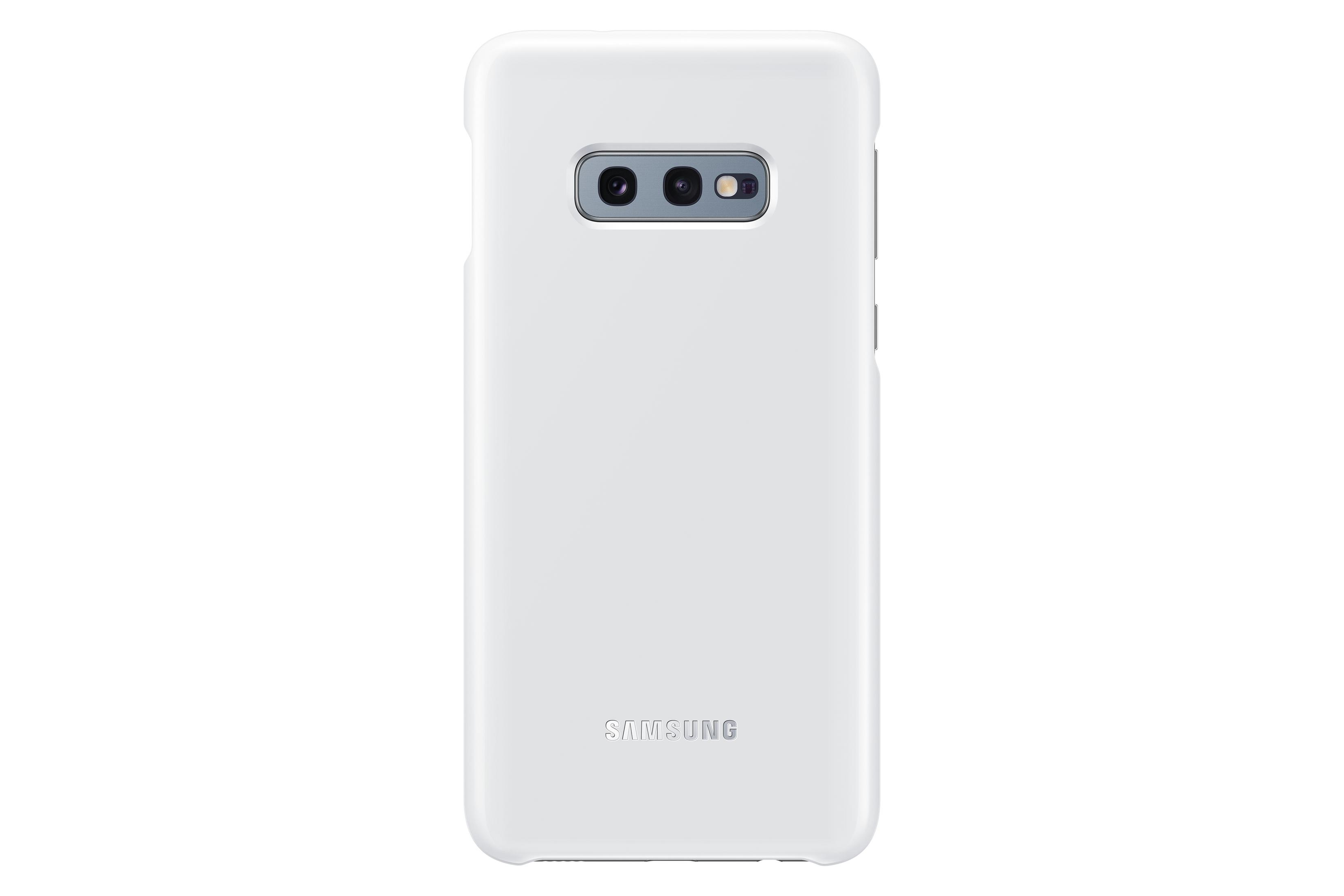Parte trasera de teléfono blanco con cámara y flash.