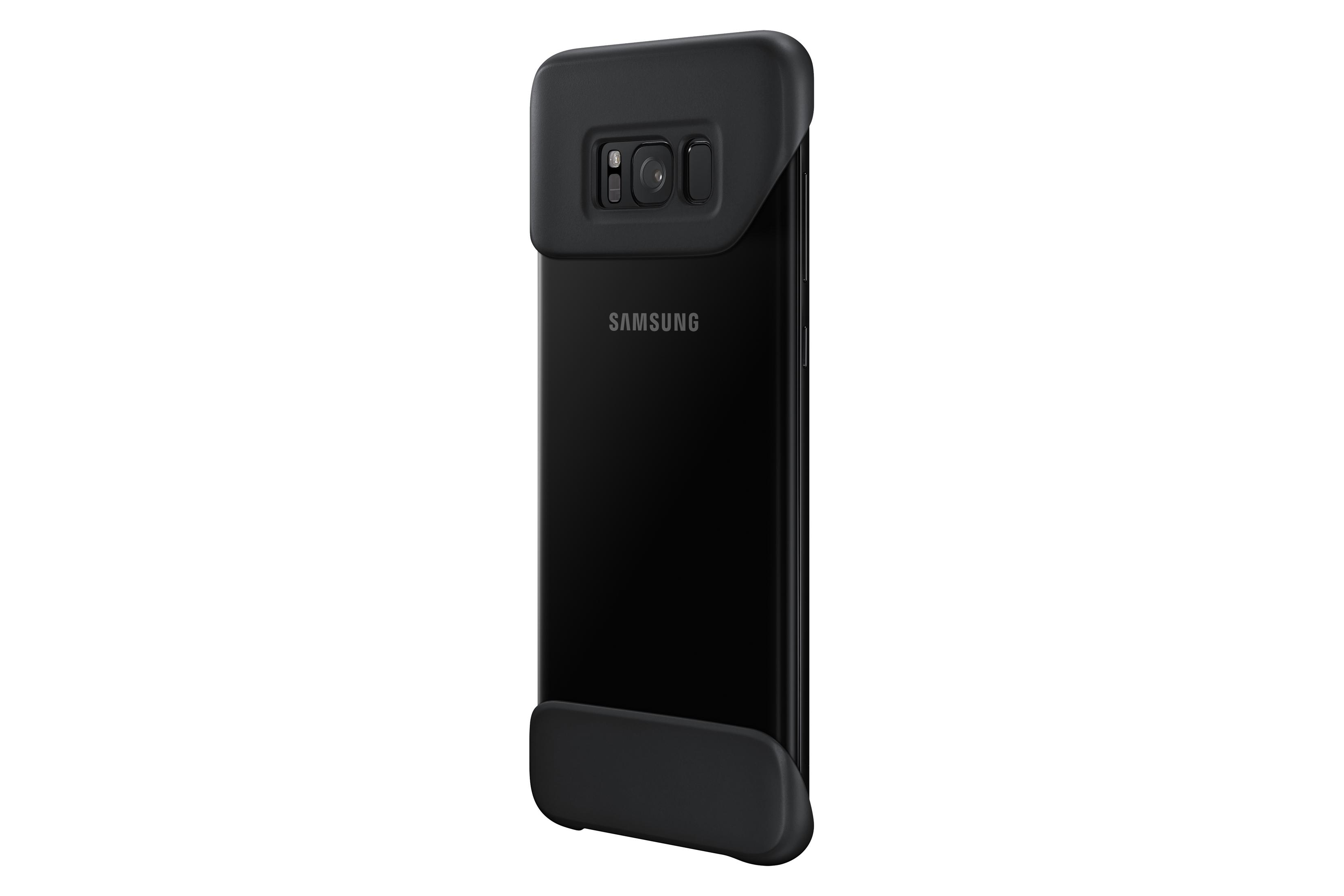 Telefono Samsung nero con custodia nera, con fotocamera e logo in vista.
