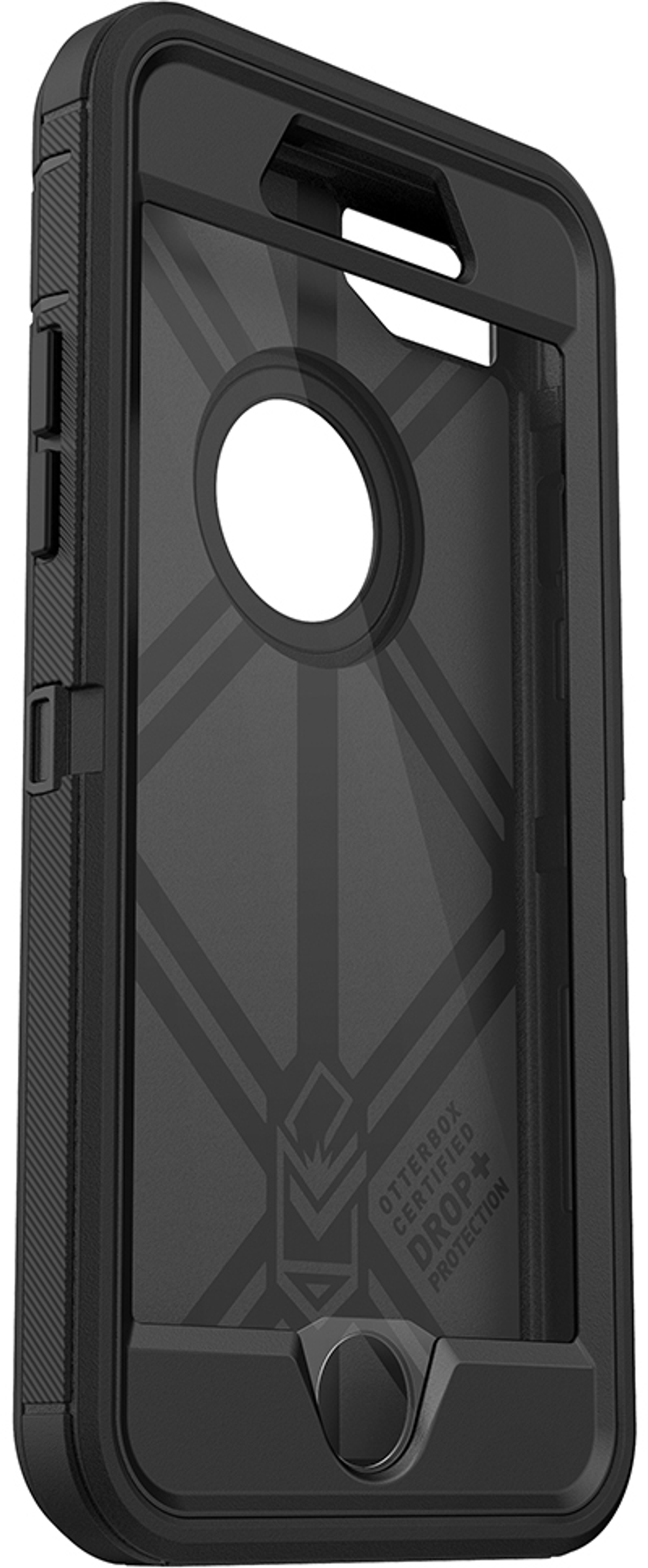 Schwarze Handyhülle mit Innendesign und Aussparungen. Schräge Ansicht, schwarzer Hintergrund.