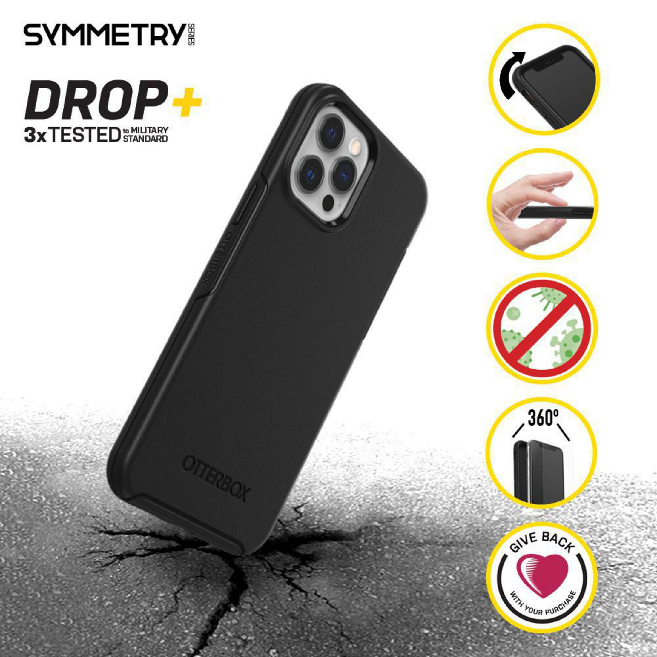 Coque de téléphone noire avec le logo Otterbox, testée contre les chutes, avec des icônes de fonctionnalités.