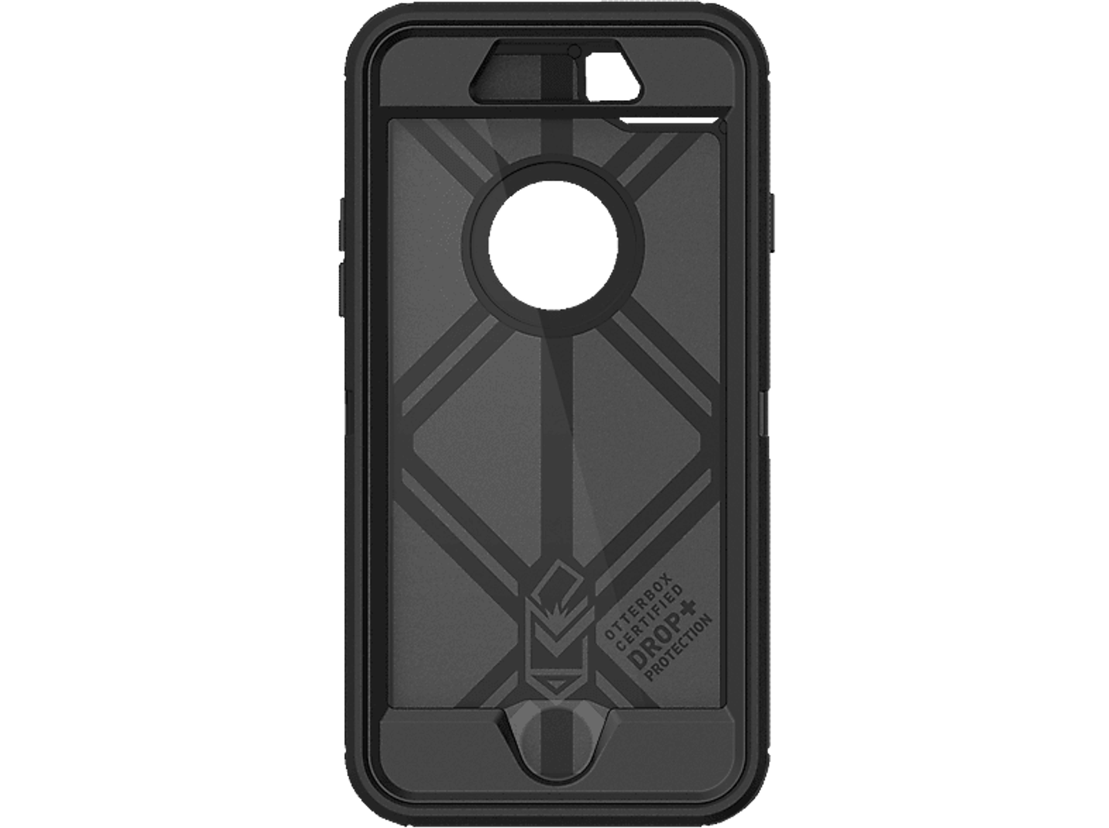 Schwarze Handyhülle mit Aufdruck, die das Innendesign zeigt.