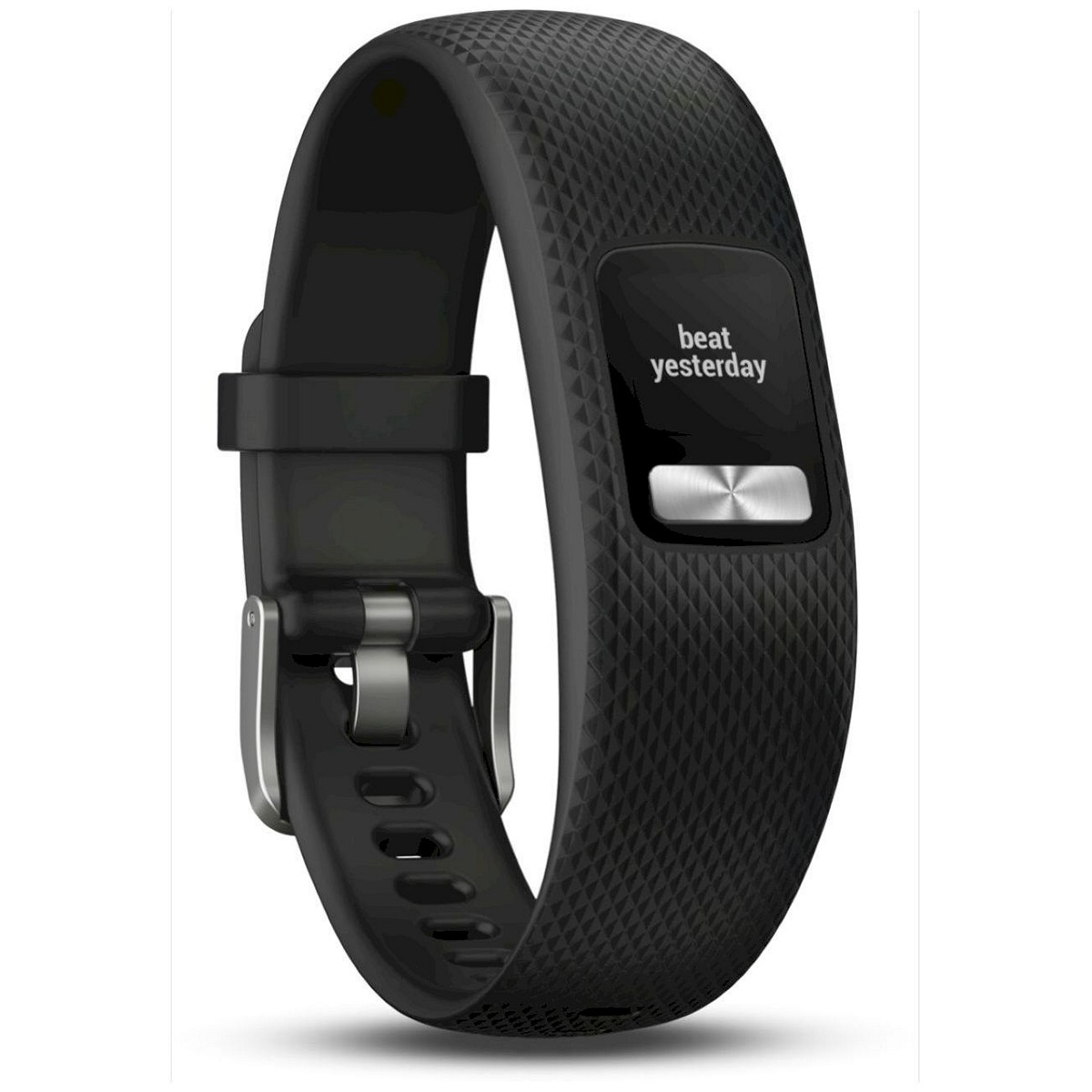 Fitness tracker Garmin nero. Lo schermo dice 'beat yesterday'. Cinturino nero. Sfondo bianco.