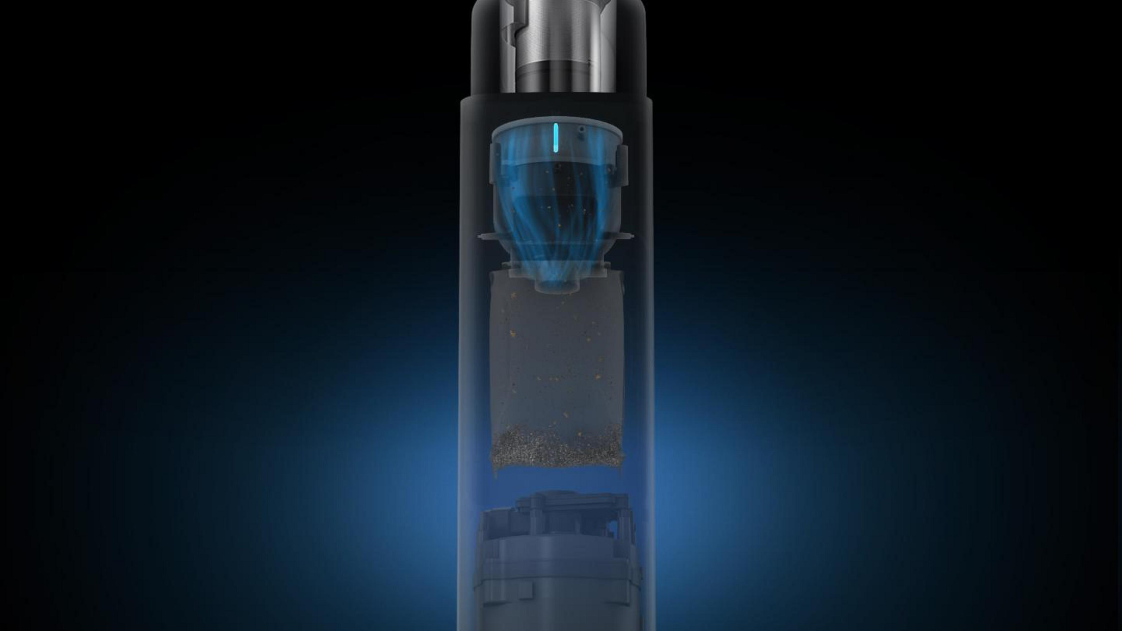 Przekrój poprzeczny systemu filtracji z wewnętrznymi elementami na ciemnym tle.