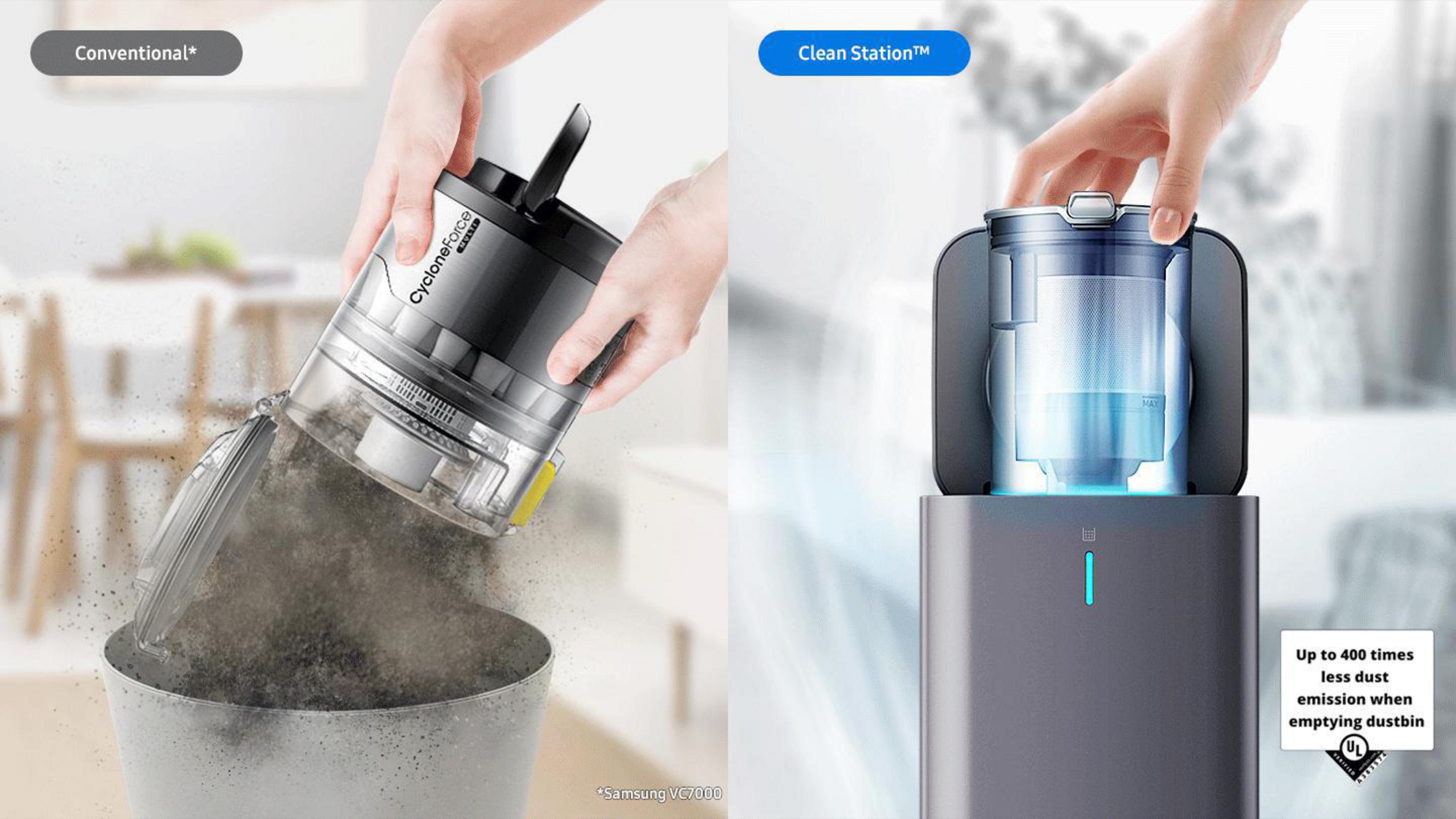 Zwei Hände entleeren einen Staubsauger in einen Mülleimer und eine Clean Station. Weißer Hintergrund.