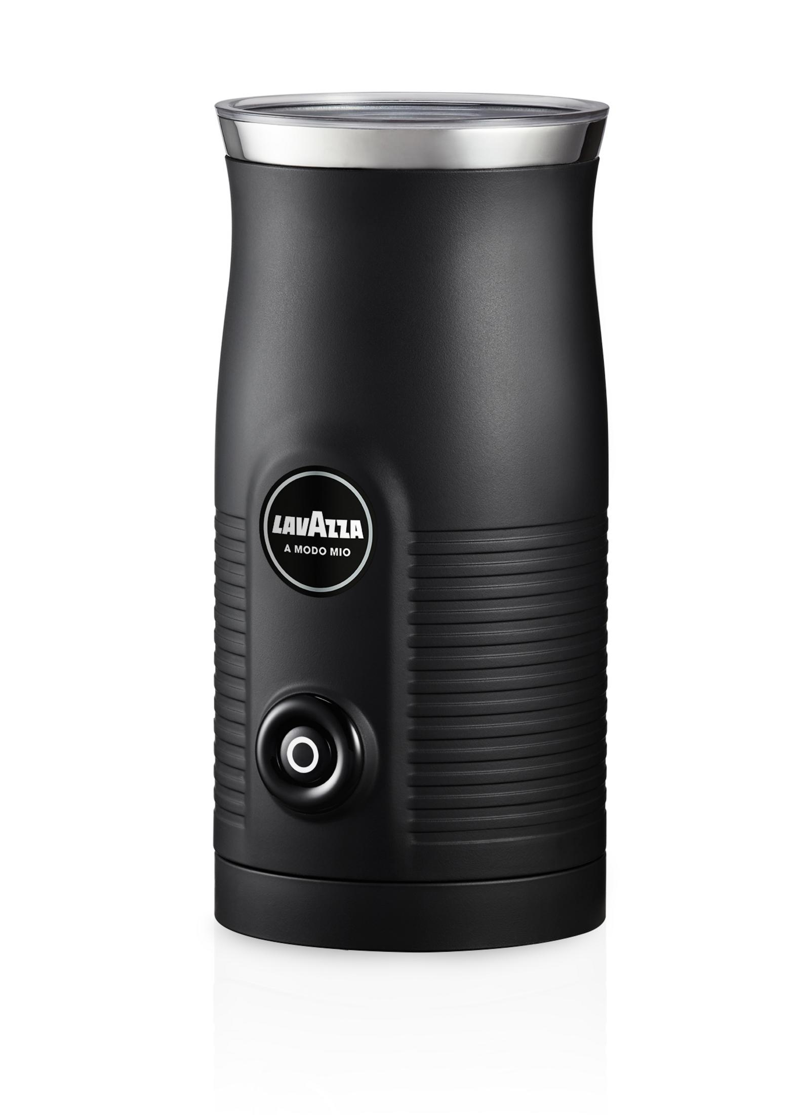 Ein schwarzer Lavazza Milchaufschäumer mit Markenlogo und Power-Taste, vor weißem Hintergrund.